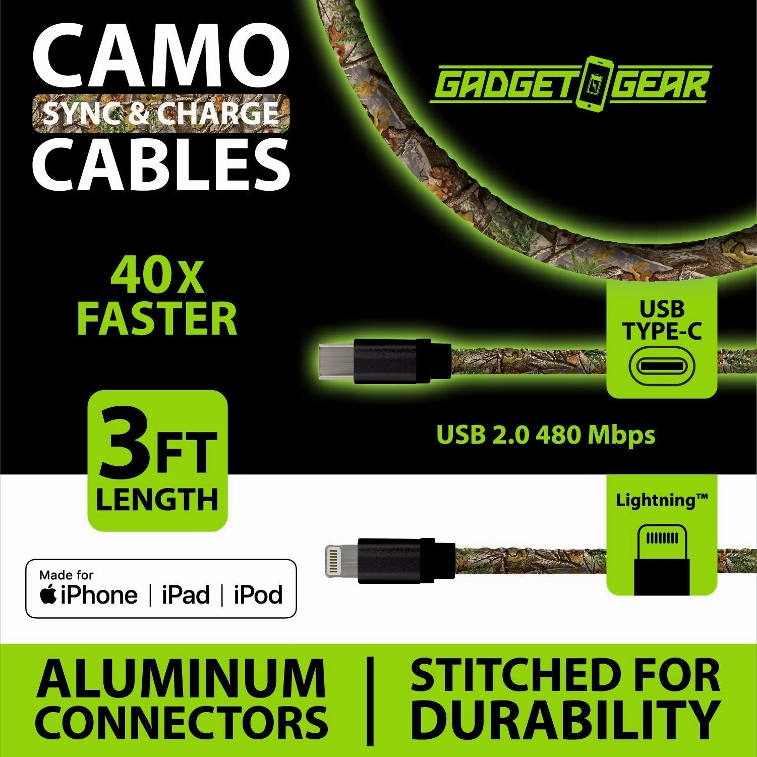 Charging Cable Camo Assortment 3FT - 12 Pieces Per Retail Ready Display 88457