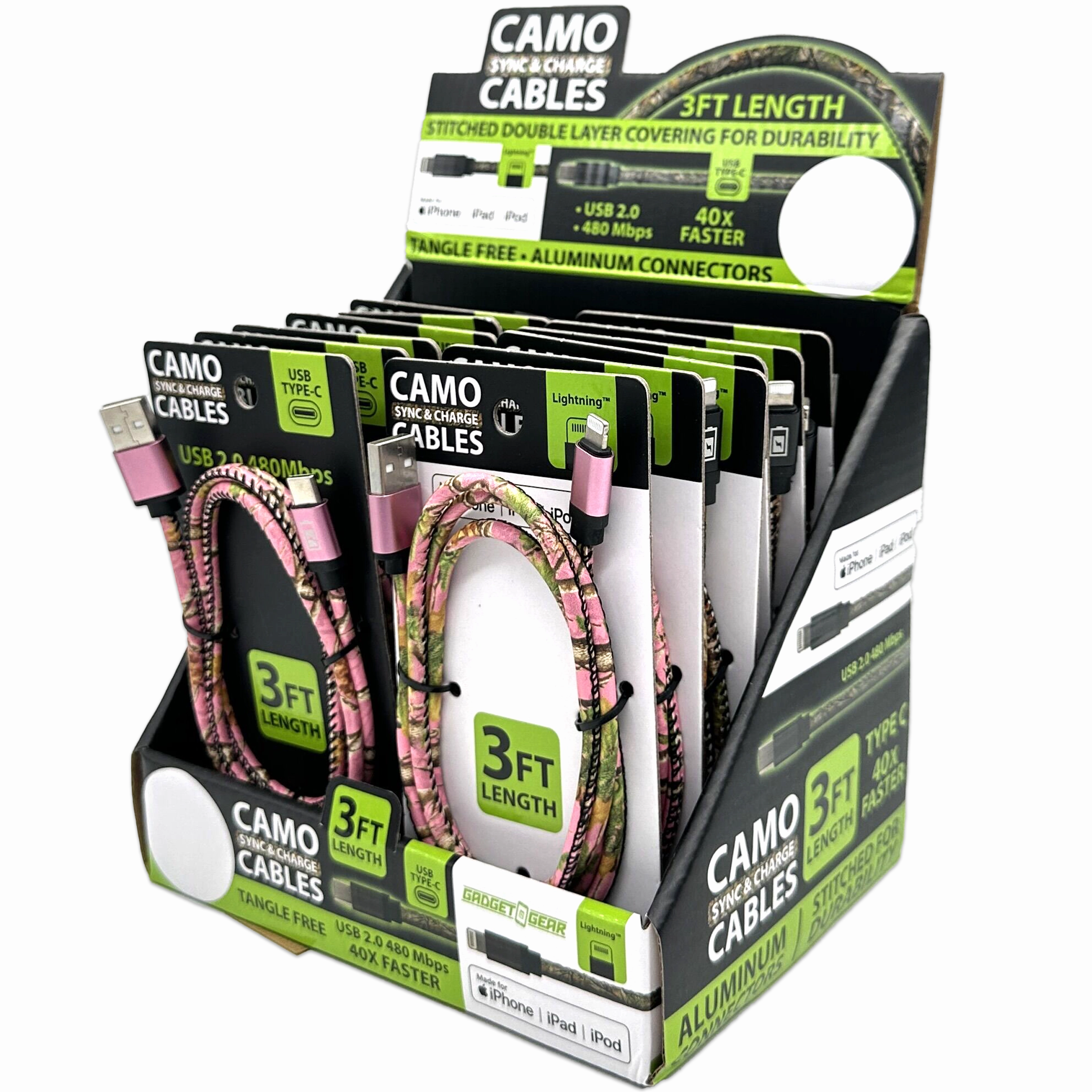 Charging Cable Camo Assortment 3FT - 12 Pieces Per Retail Ready Display 88457