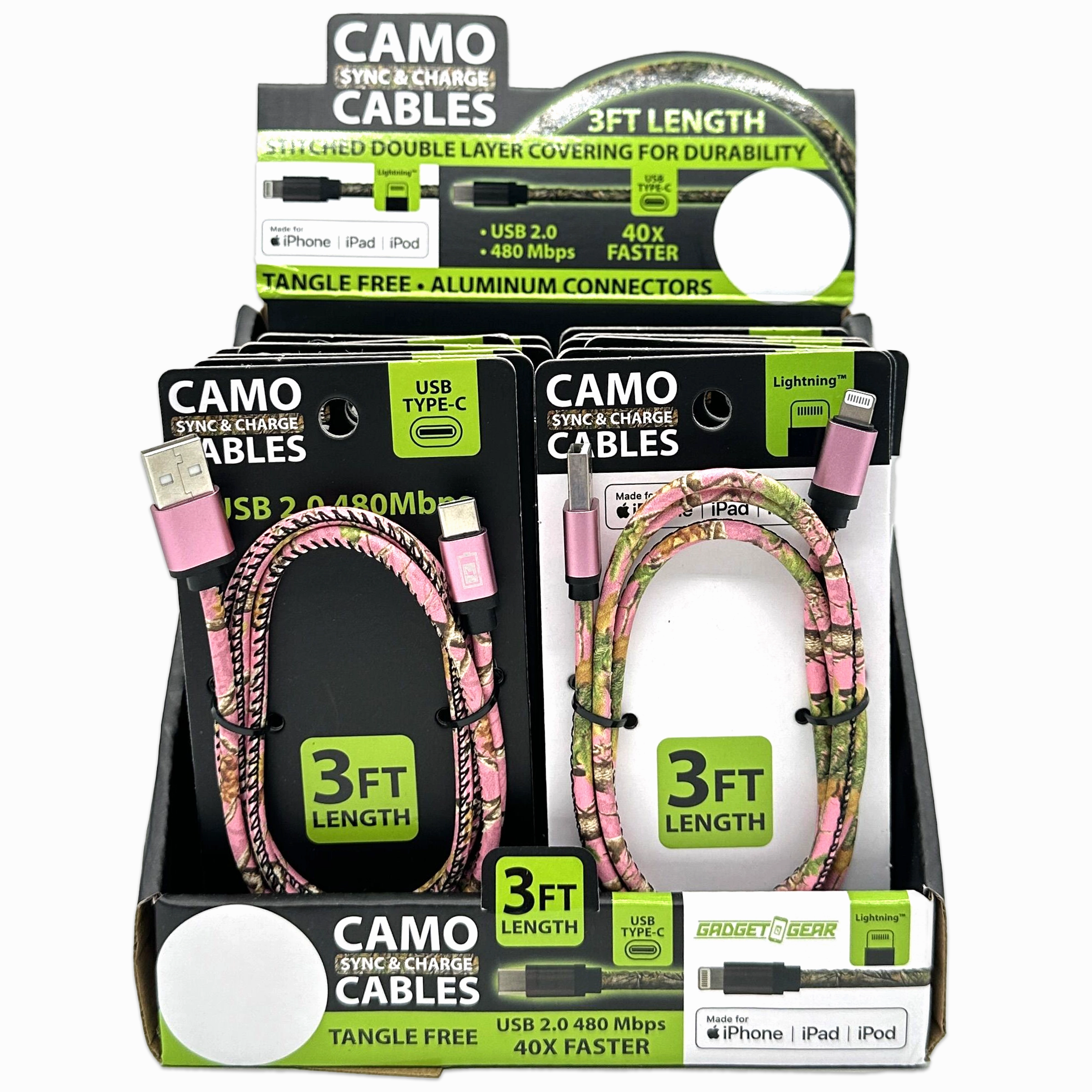 Charging Cable Camo Assortment 3FT - 12 Pieces Per Retail Ready Display 88457