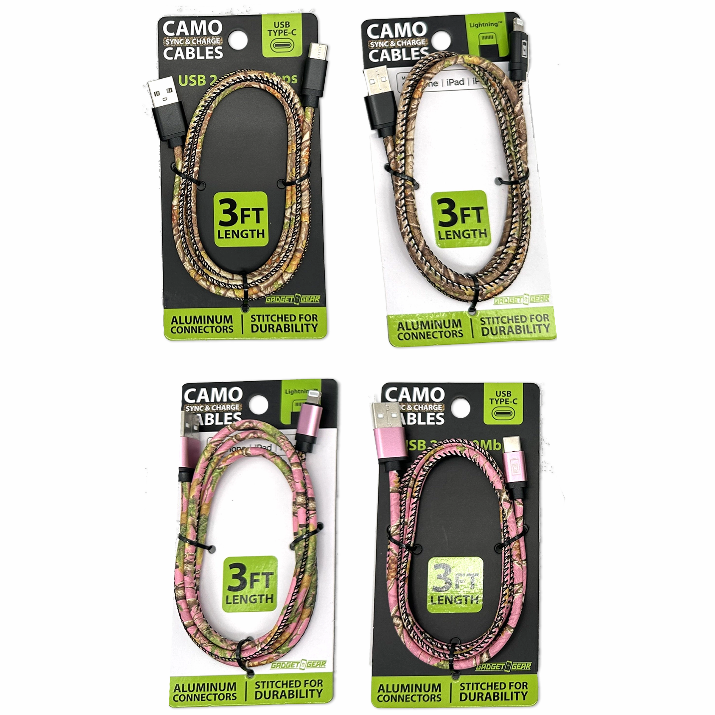 Charging Cable Camo Assortment 3FT - 12 Pieces Per Retail Ready Display 88457