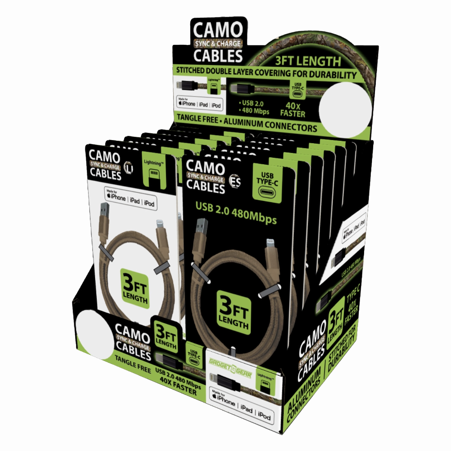 Charging Cable Camo Assortment 3FT - 12 Pieces Per Retail Ready Display 88457
