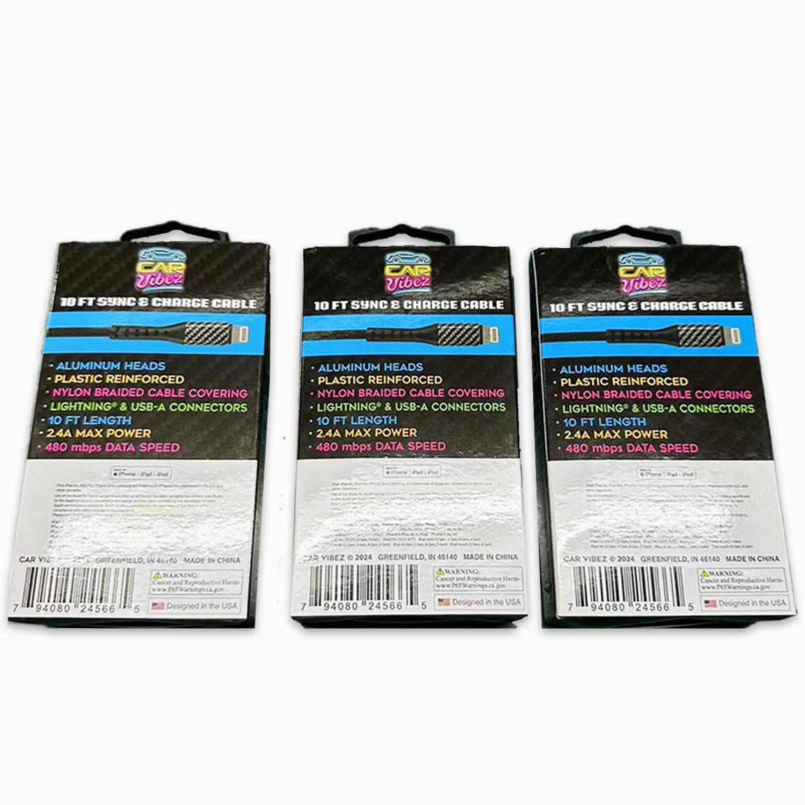 Charging Cable Carbon Fiber USB to Lightning 10FT 2.4 Amp - 3 Pieces Per Pack 24566
