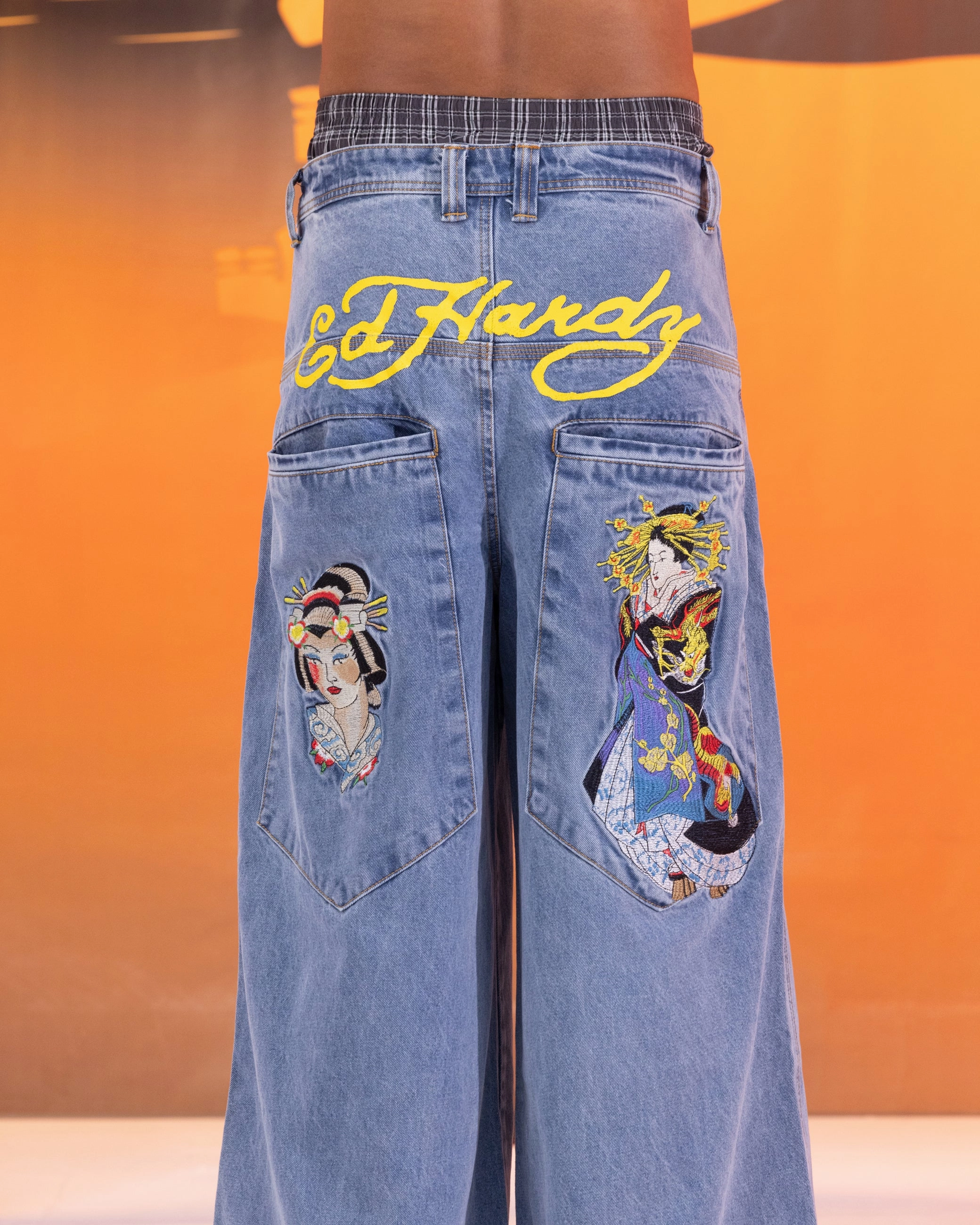Ed Hardy Ultra Wide Leg Denim Jeans Light Wash Blue