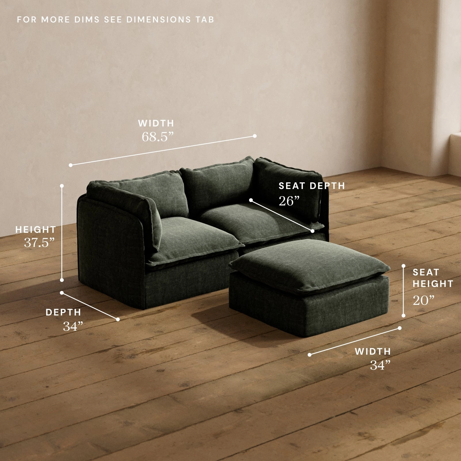 Modular Washable 2-Seater   Ottoman in Willow | Memorix  Seat | Contour Pillow