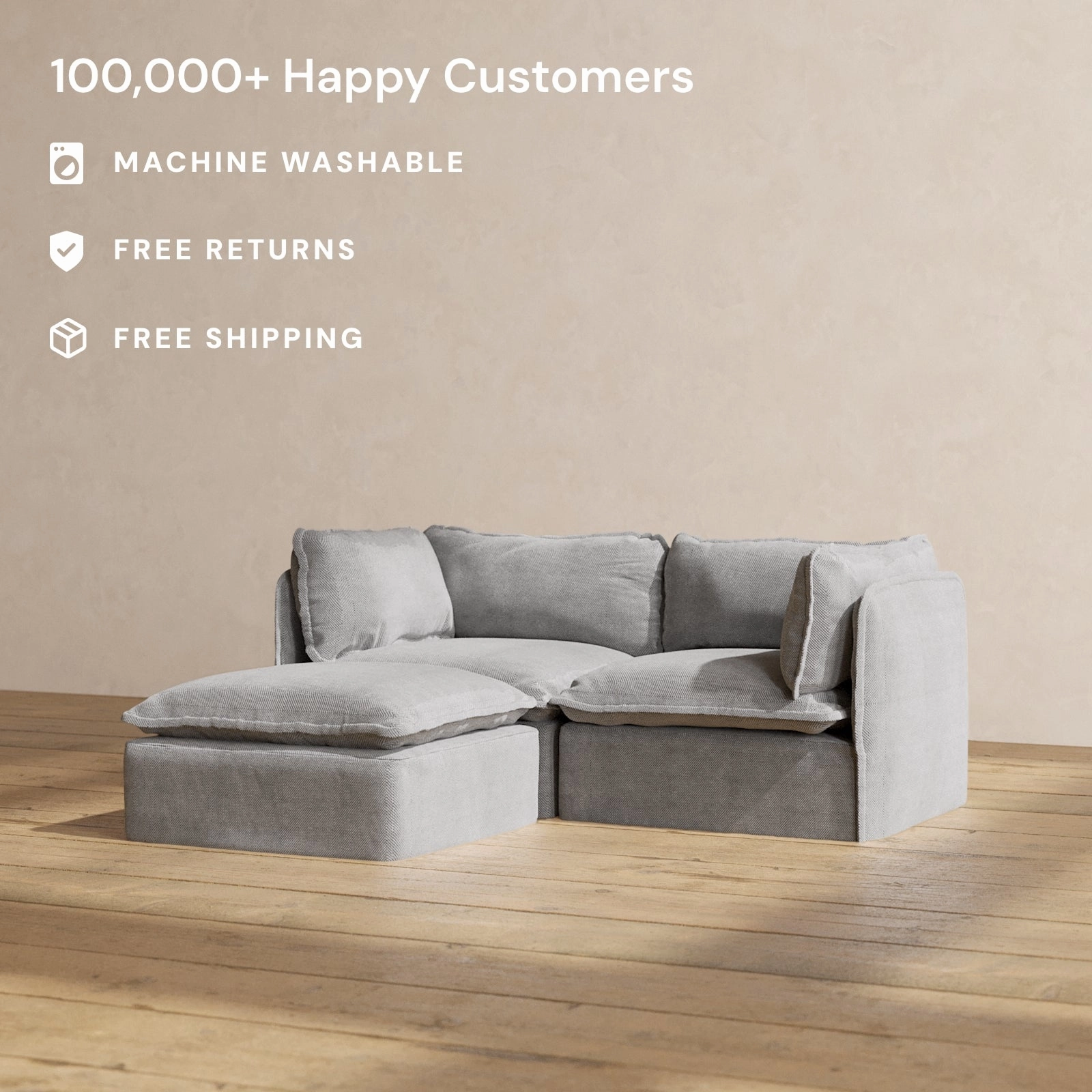 Modular Washable 2-Seater Sectional in Ash | Deluxe  Seat | Cloud Pillow