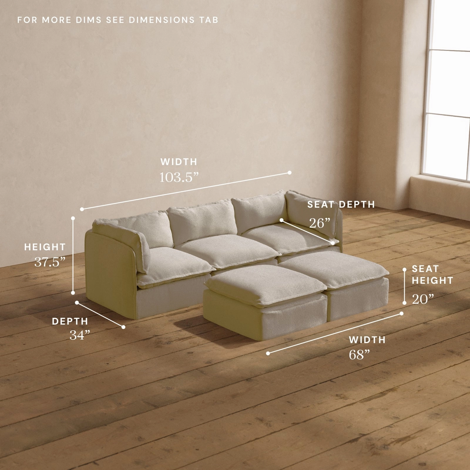 Modular Washable 3-Seater   Bench Ottoman in Powder | Deluxe  Seat | Cloud Pillow