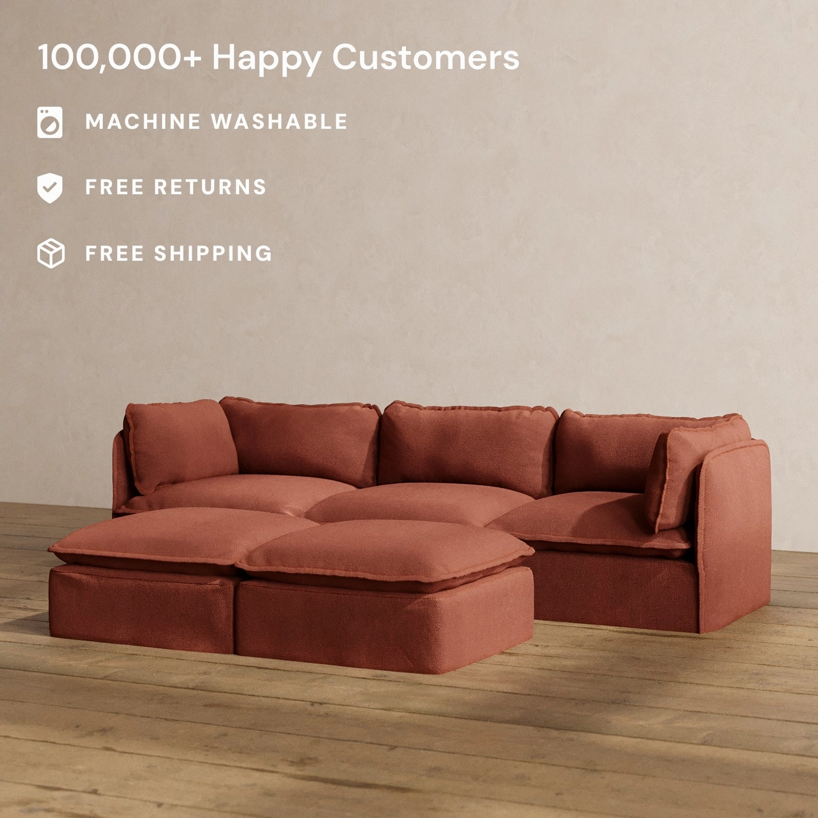 Modular Washable 3-Seater   Bench Ottoman in Rust | Deluxe  Seat | Cloud Pillow
