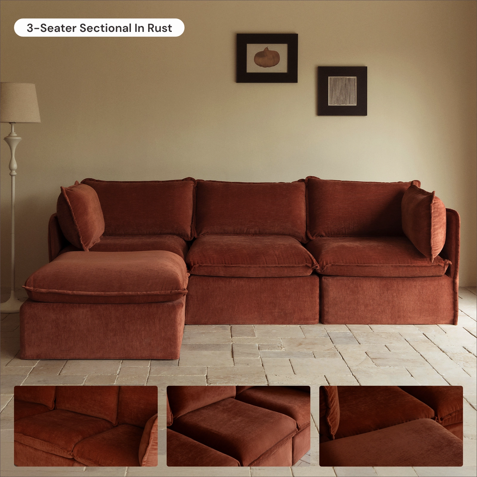Modular Washable 3-Seater   Bench Ottoman in Rust | Deluxe  Seat | Cloud Pillow