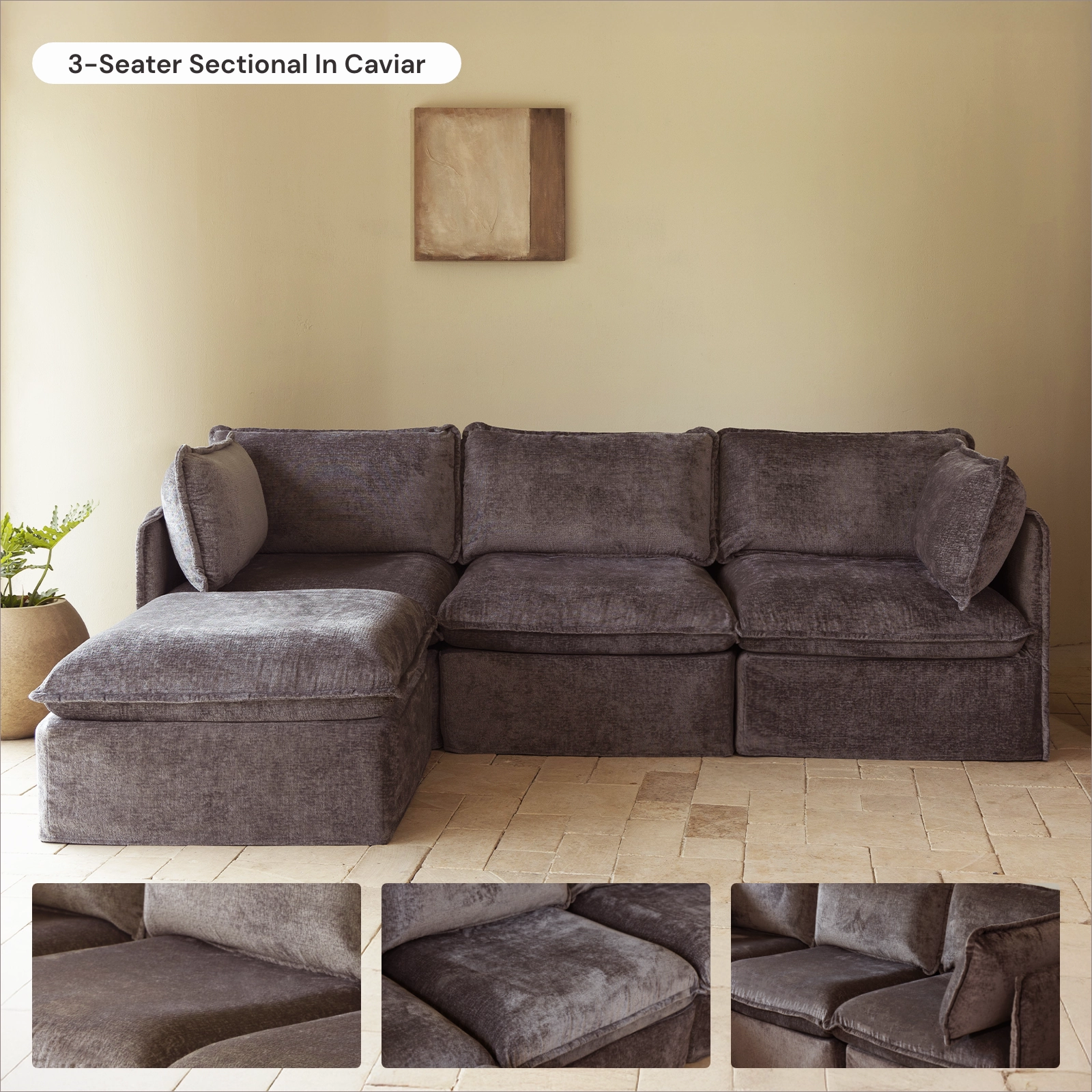Modular Washable 3-Seater   Ottoman in Caviar | Memorix  Seat | Contour Pillow