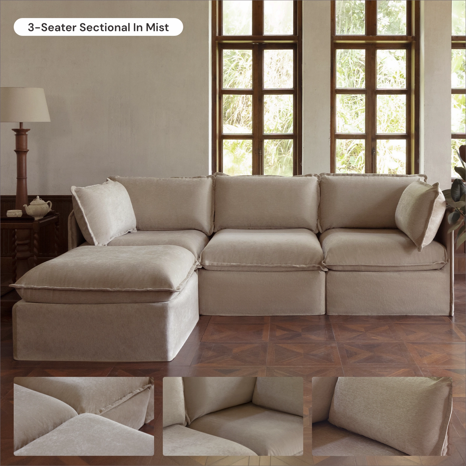 Modular Washable 3-Seater   Ottoman in Mist | Memorix  Seat | Contour Pillow