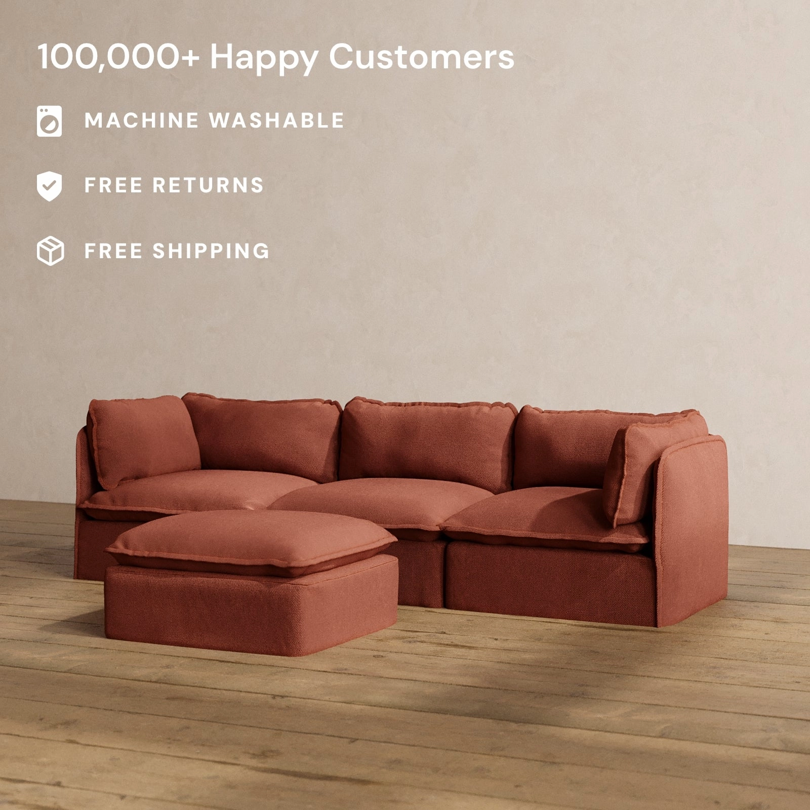 Modular Washable 3-Seater   Ottoman in Rust | Memorix  Seat | Contour Pillow