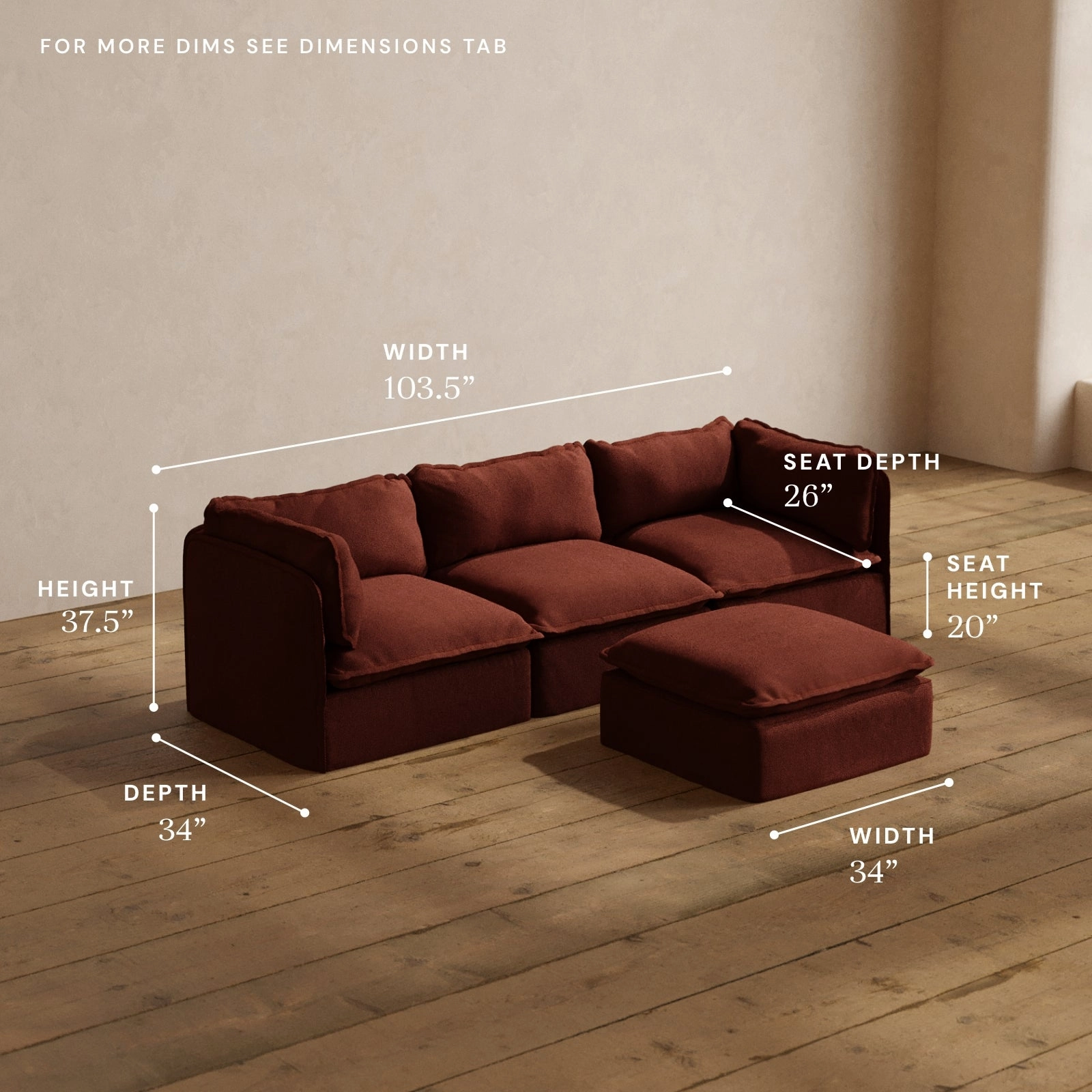 Modular Washable 3-Seater   Ottoman in Rust | Memorix  Seat | Contour Pillow