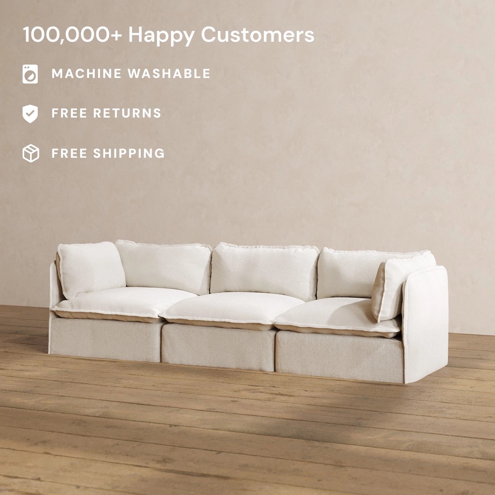 Modular Washable 3-Seater in Powder | Deluxe  Seat | Cloud Pillow