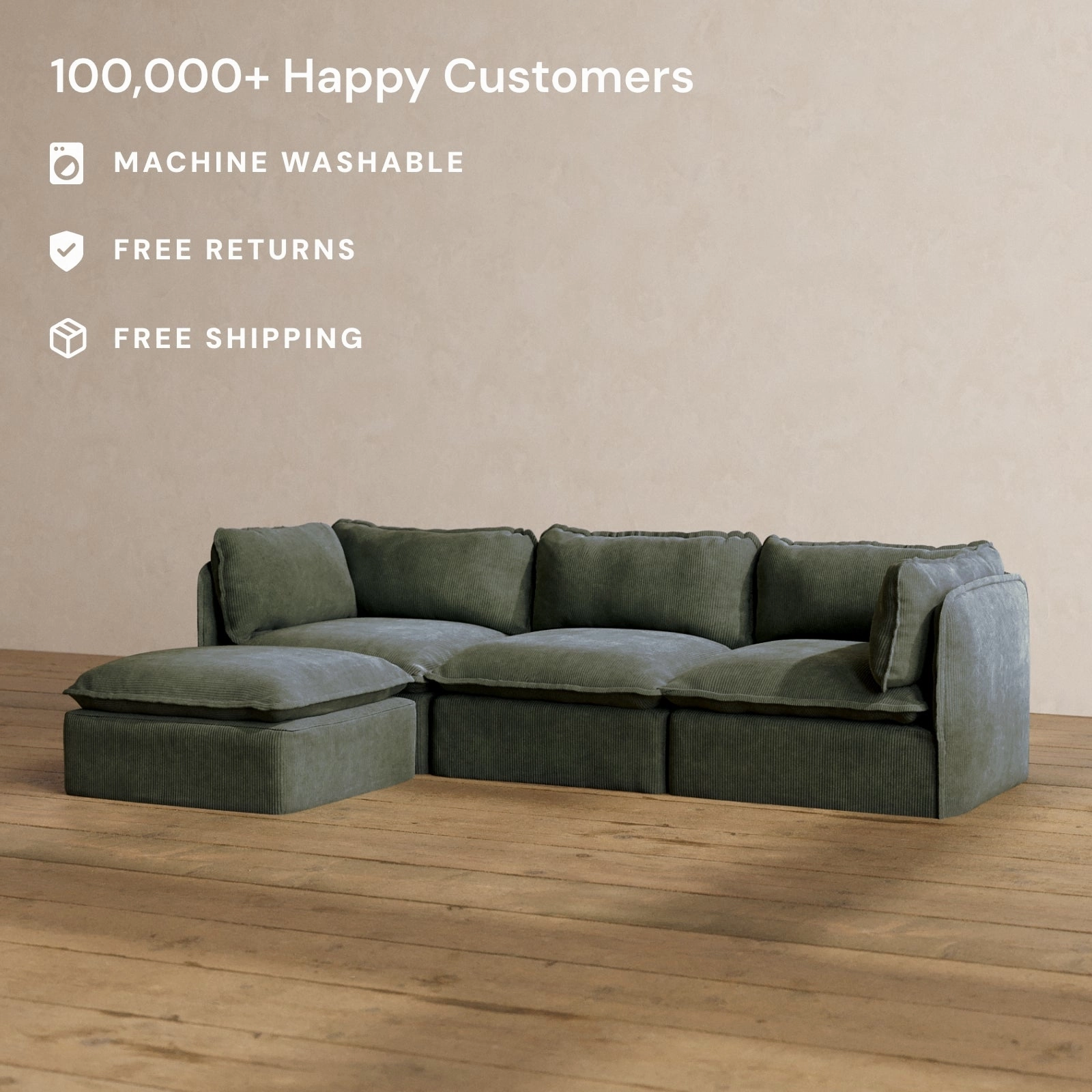 Modular Washable 3-Seater Sectional in Olivine | Deluxe  Seat | Cloud Pillow