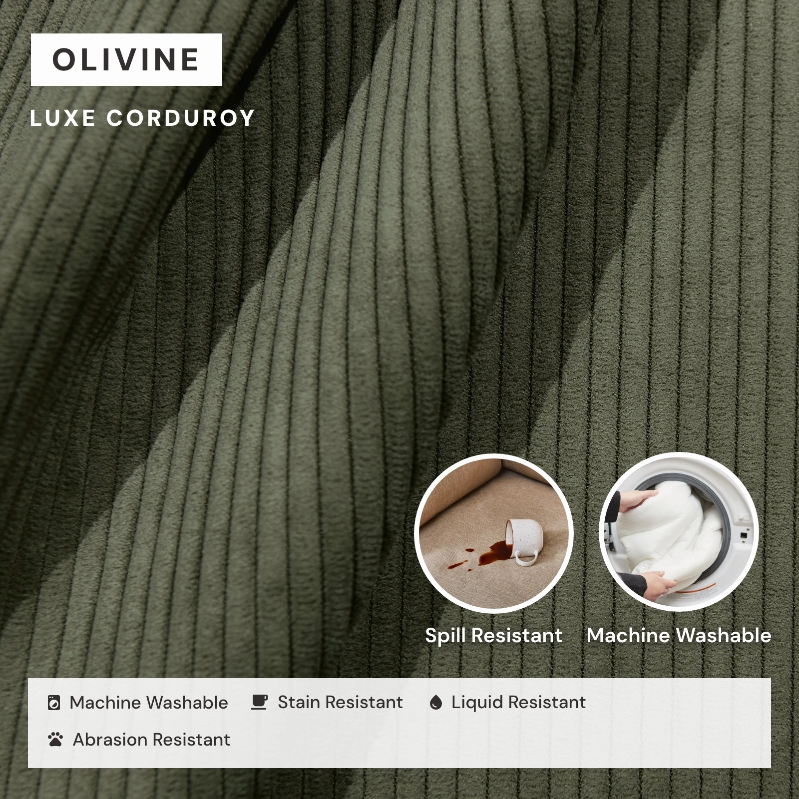 Modular Washable 3-Seater Sectional in Olivine | Deluxe  Seat | Cloud Pillow