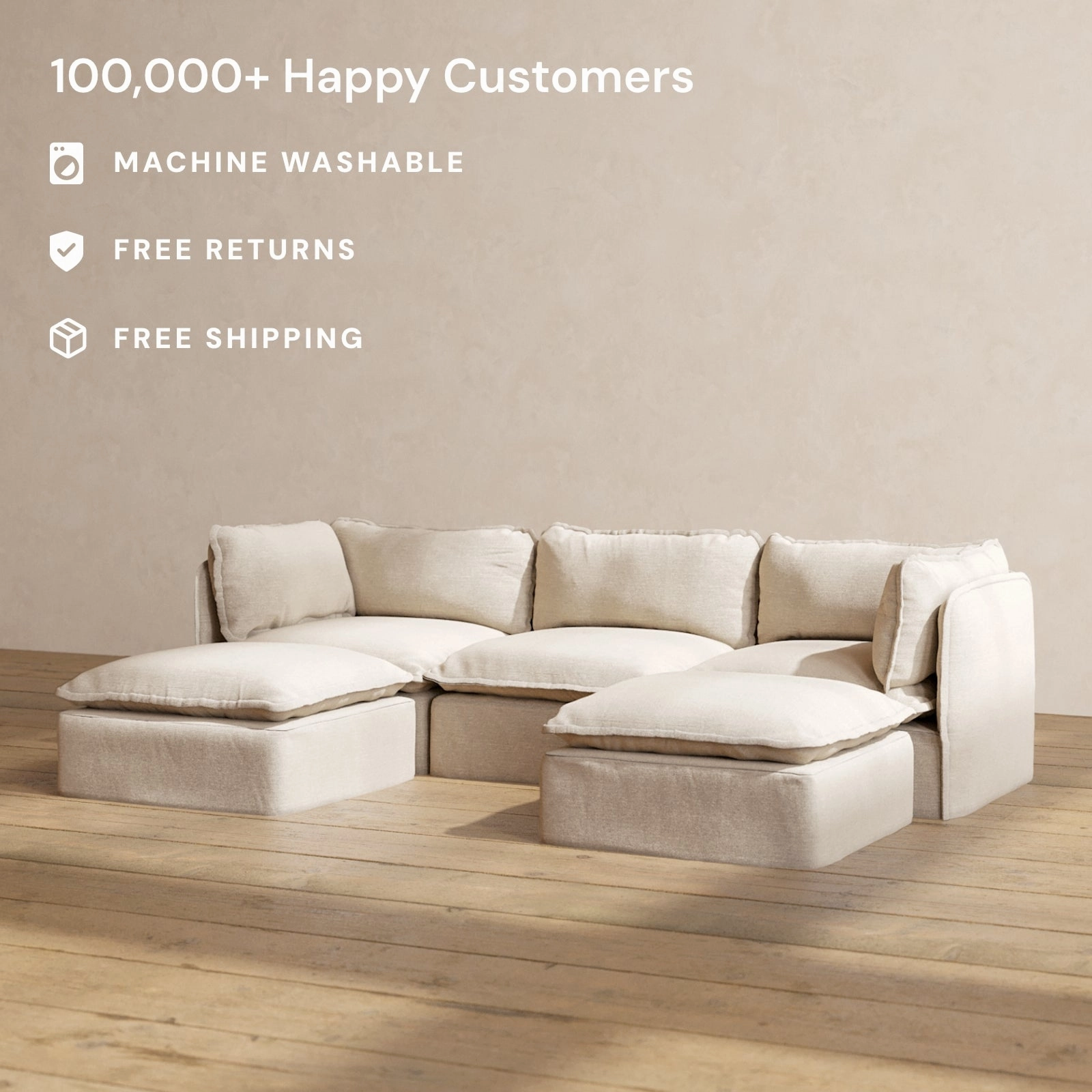 Modular Washable 3-Seater U-Sectional in Oat | Deluxe  Seat | Cloud Pillow