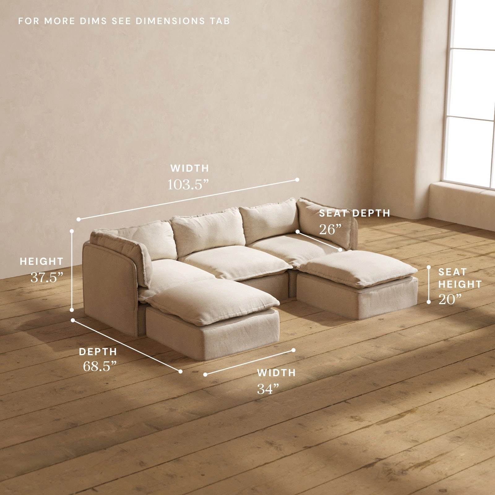 Modular Washable 3-Seater U-Sectional in Oat | Deluxe  Seat | Cloud Pillow