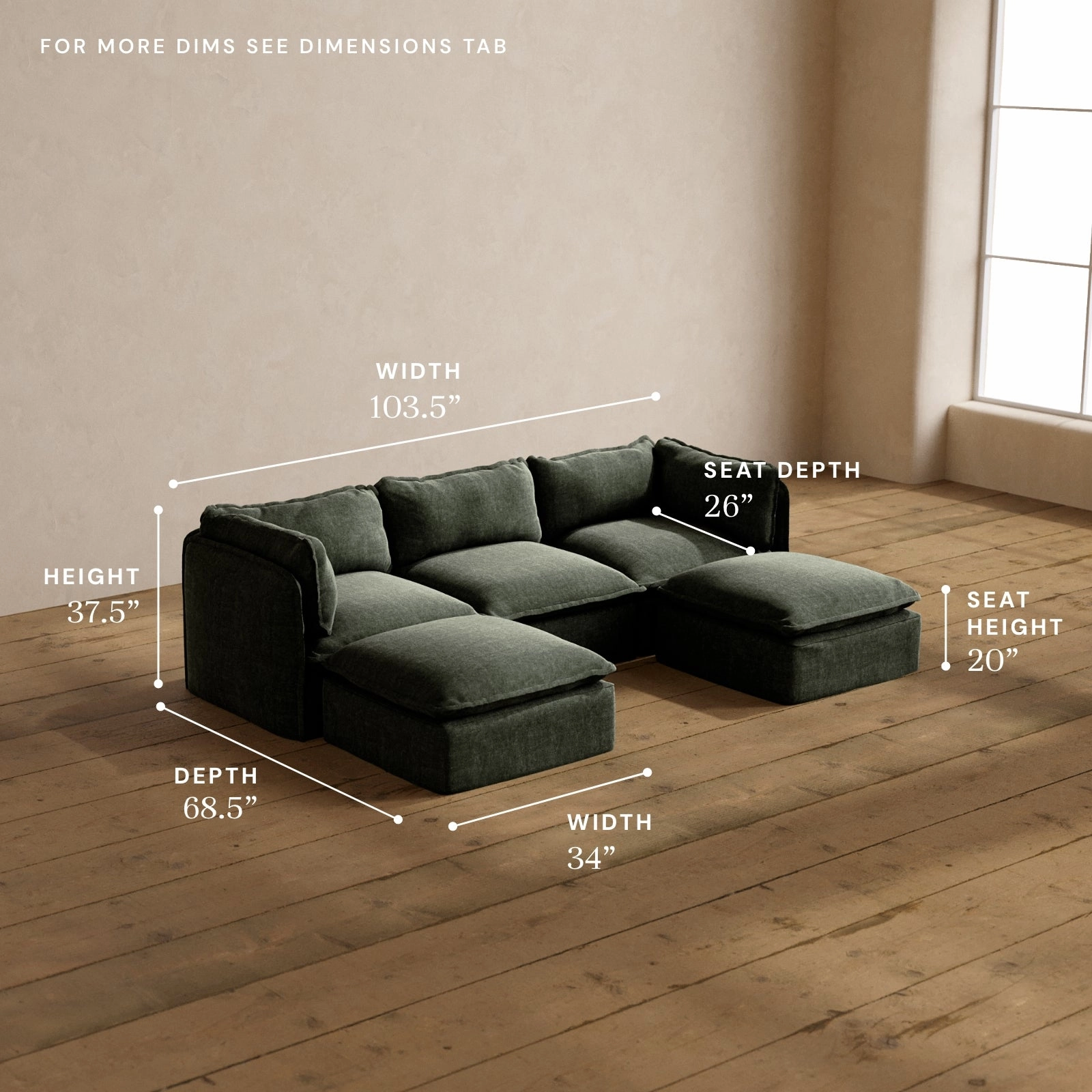 Modular Washable 3-Seater U-Sectional in Willow | Deluxe  Seat | Cloud Pillow