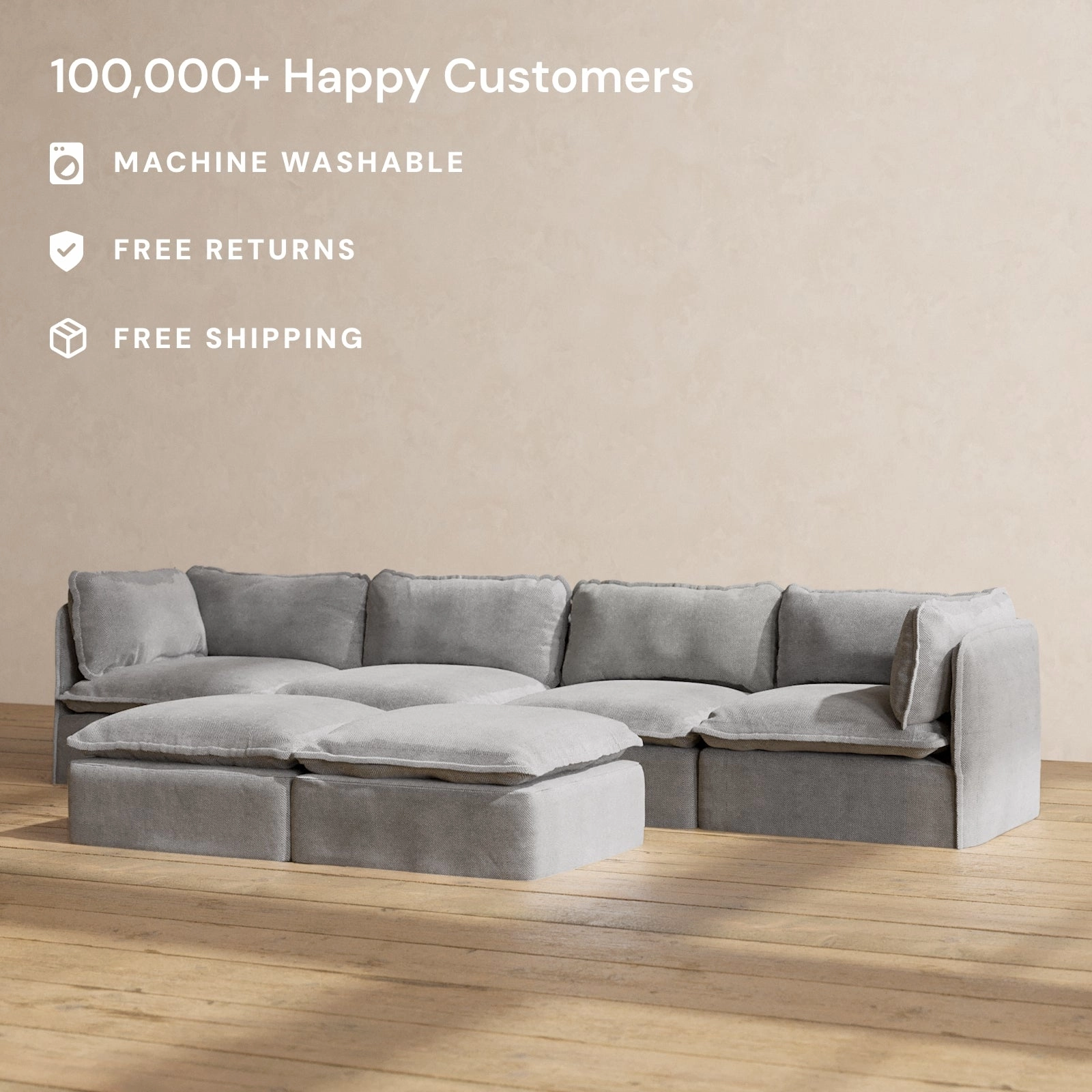 Modular Washable 4-Seater   Bench Ottoman in Ash | Deluxe  Seat | Cloud Pillow