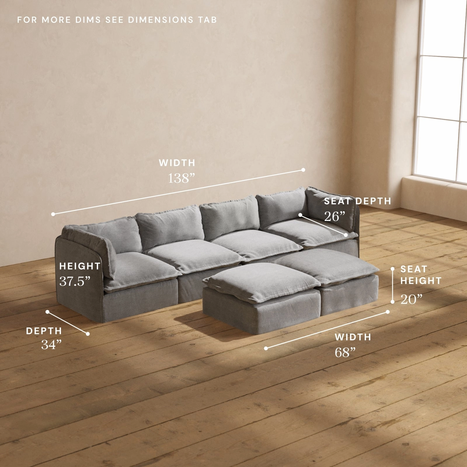 Modular Washable 4-Seater   Bench Ottoman in Ash | Deluxe  Seat | Cloud Pillow