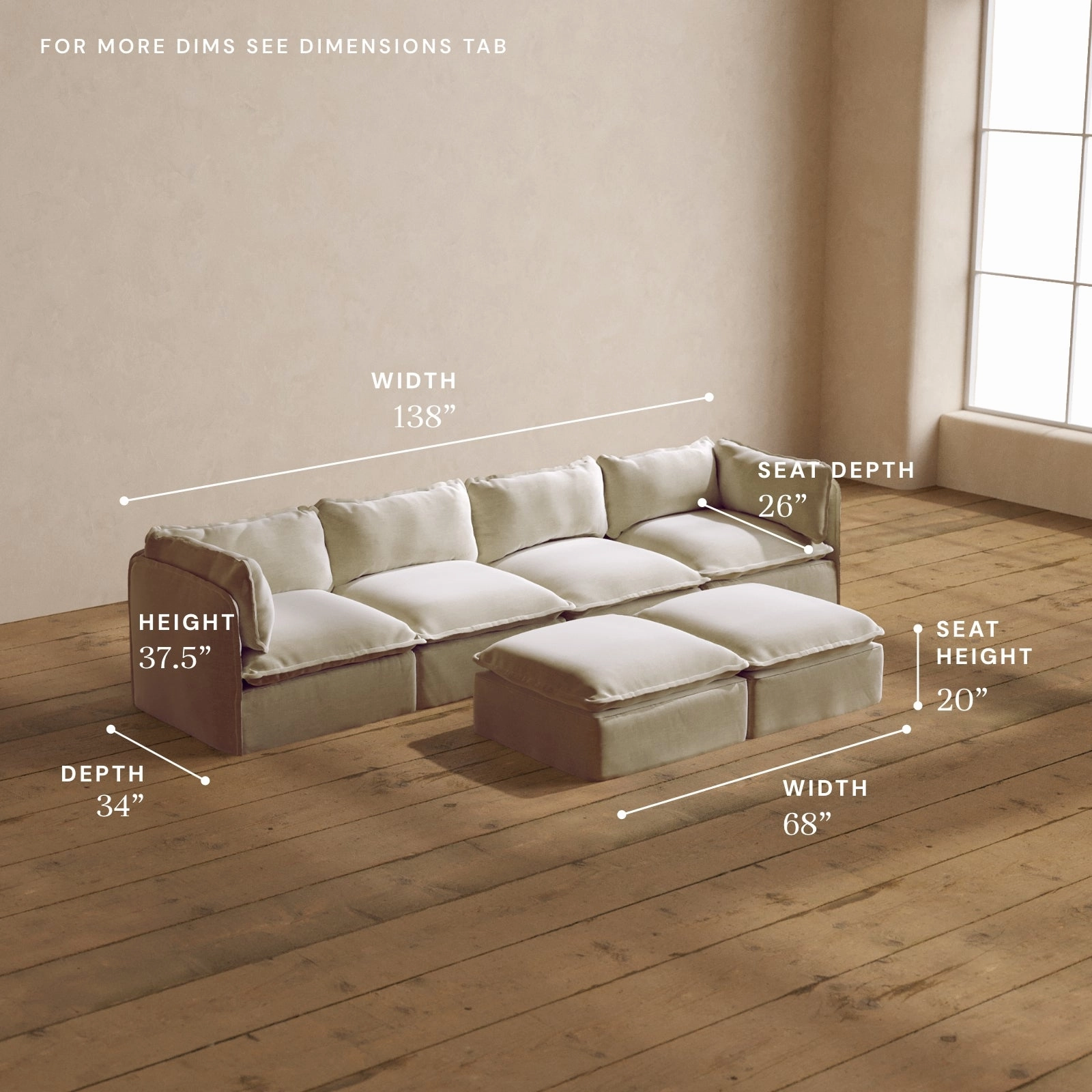 Modular Washable 4-Seater   Bench Ottoman in Coco | Deluxe  Seat | Cloud Pillow