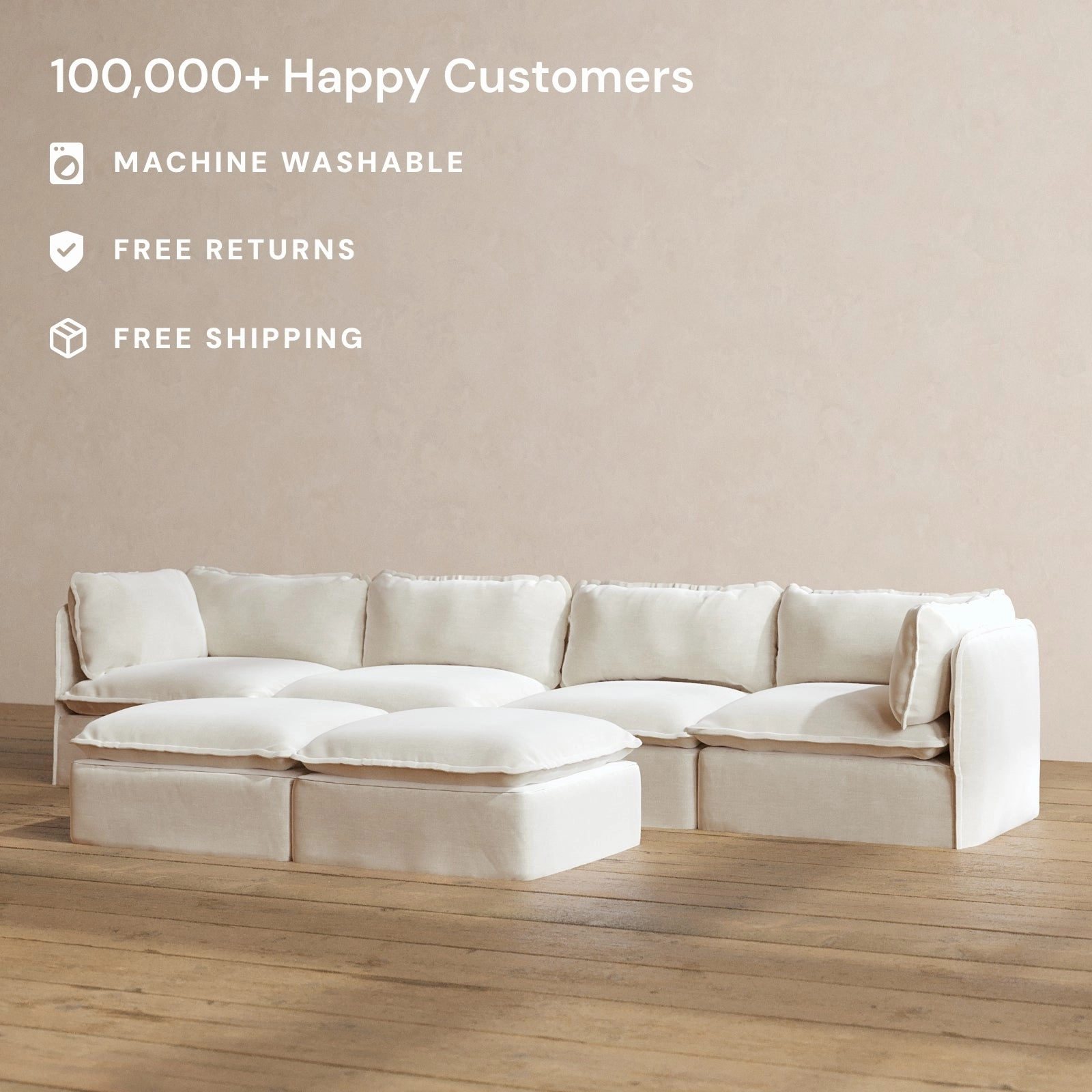 Modular Washable 4-Seater   Bench Ottoman in Coco | Deluxe  Seat | Cloud Pillow
