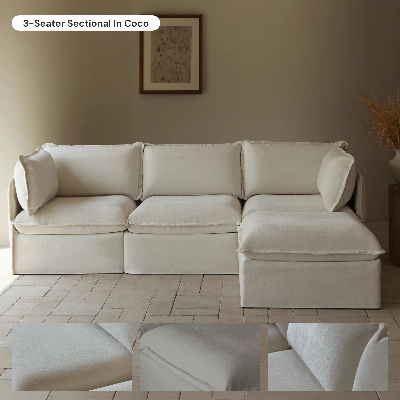 Modular Washable 4-Seater   Bench Ottoman in Coco | Deluxe  Seat | Cloud Pillow