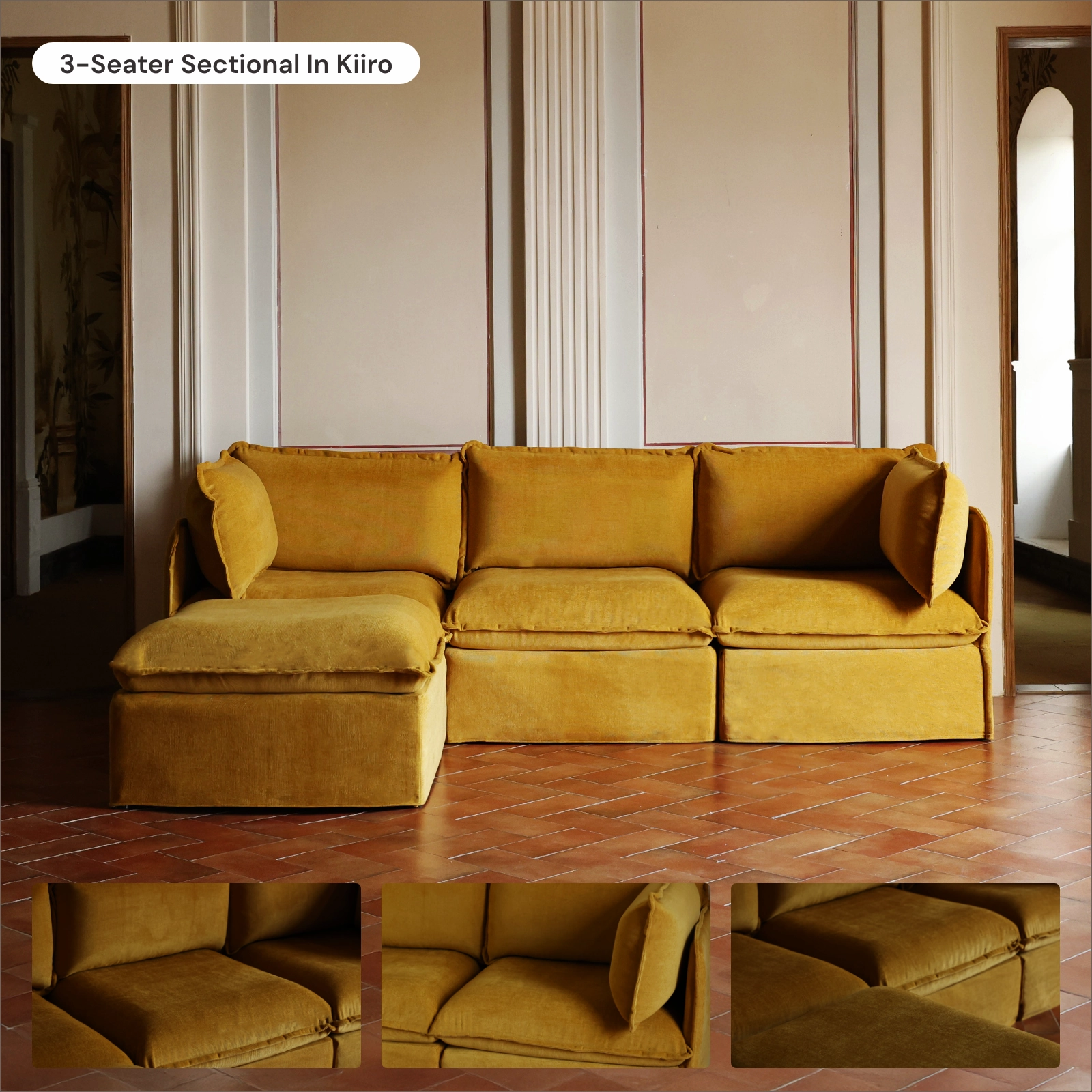 Modular Washable 4-Seater   Bench Ottoman in Kiiro | Deluxe  Seat | Cloud Pillow