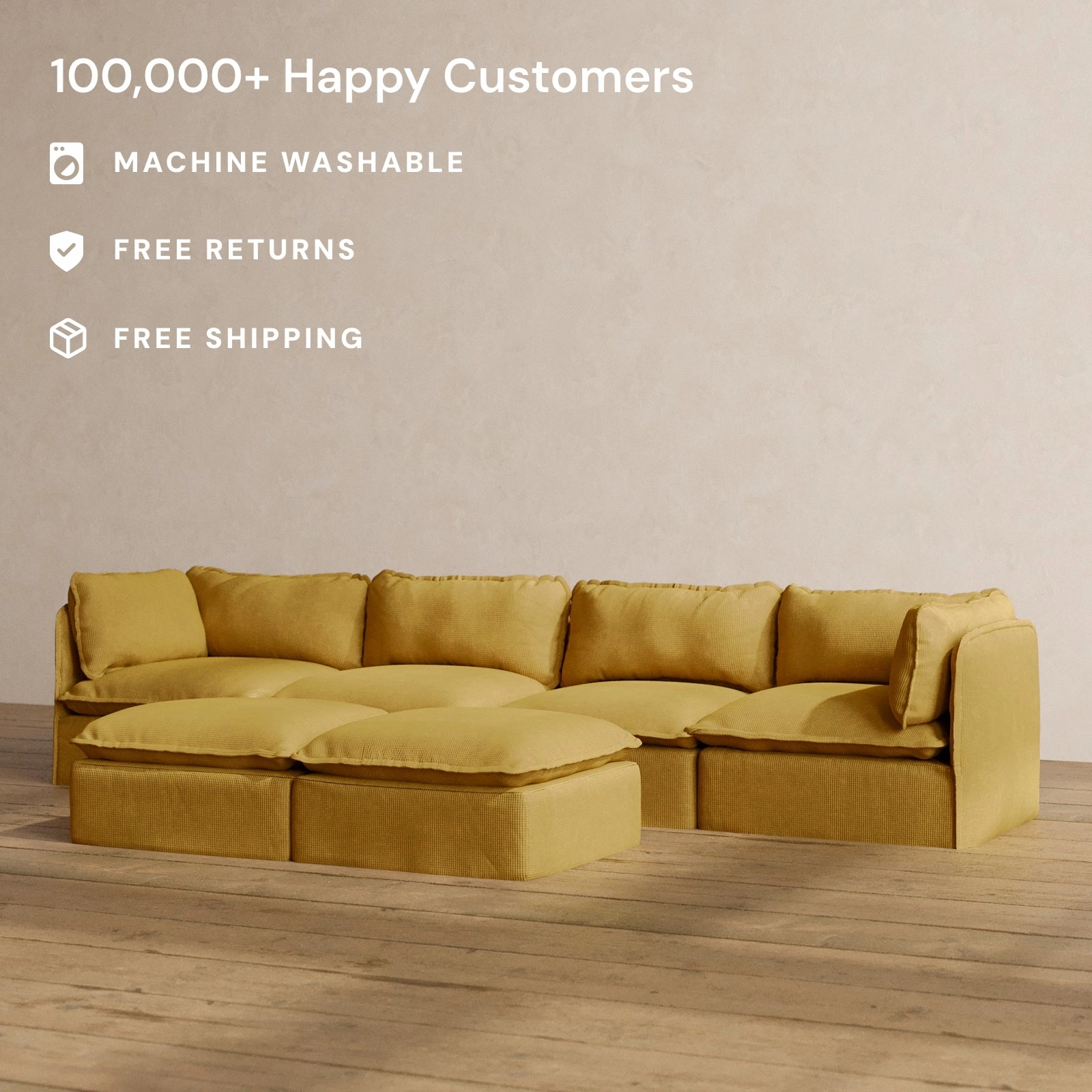 Modular Washable 4-Seater   Bench Ottoman in Kiiro | Deluxe  Seat | Cloud Pillow