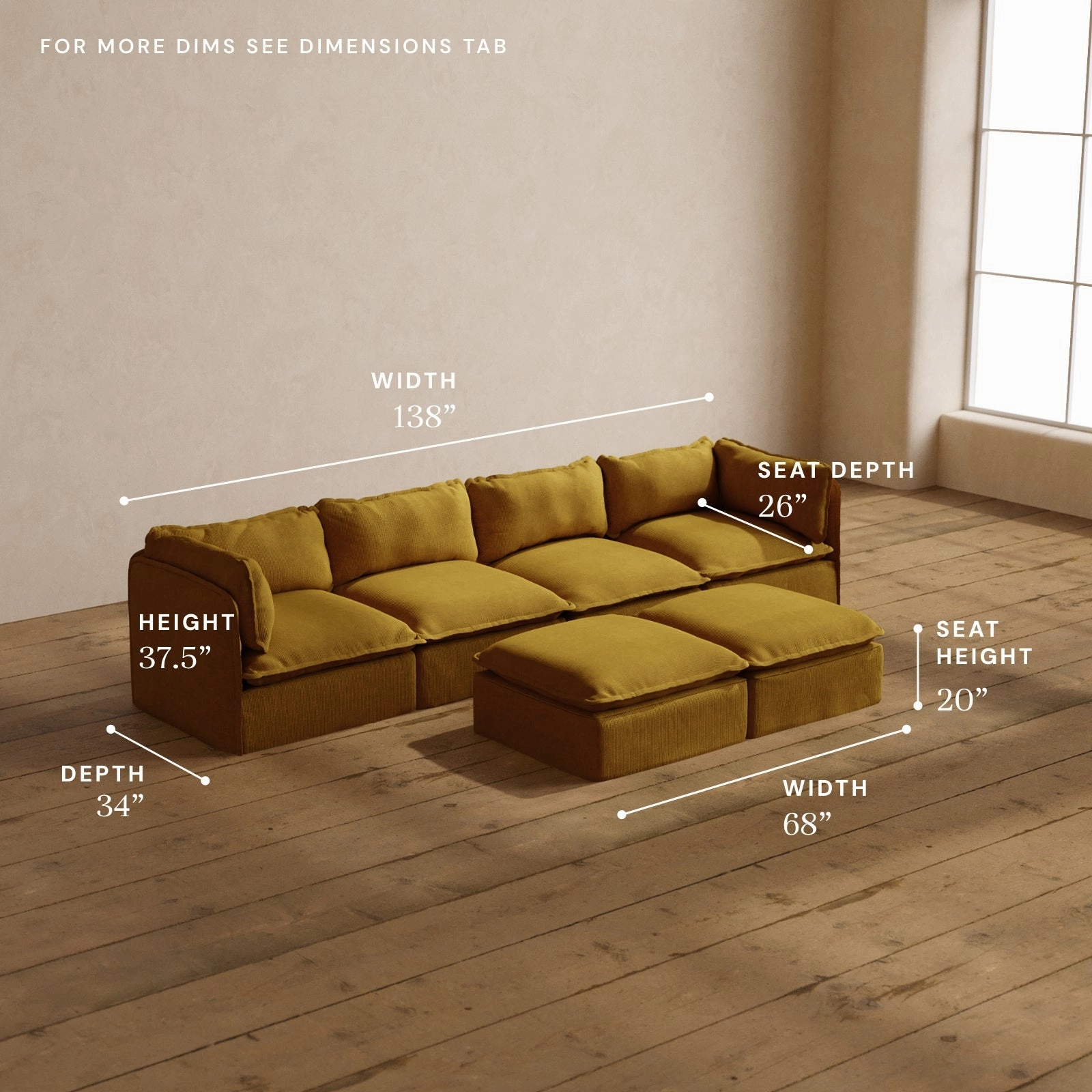Modular Washable 4-Seater   Bench Ottoman in Kiiro | Deluxe  Seat | Cloud Pillow