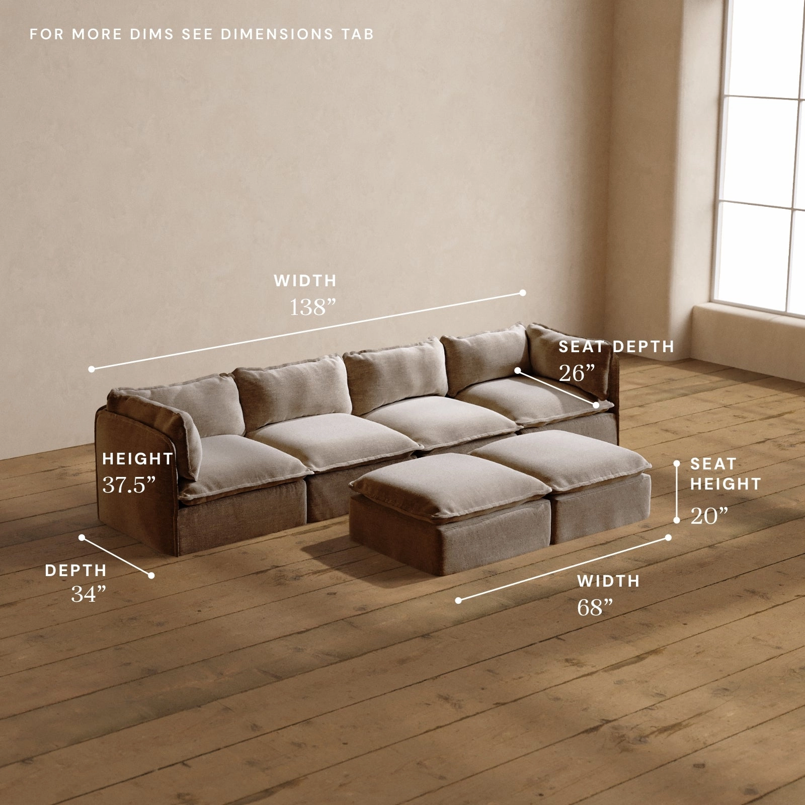 Modular Washable 4-Seater   Bench Ottoman in Mist | Deluxe  Seat | Cloud Pillow