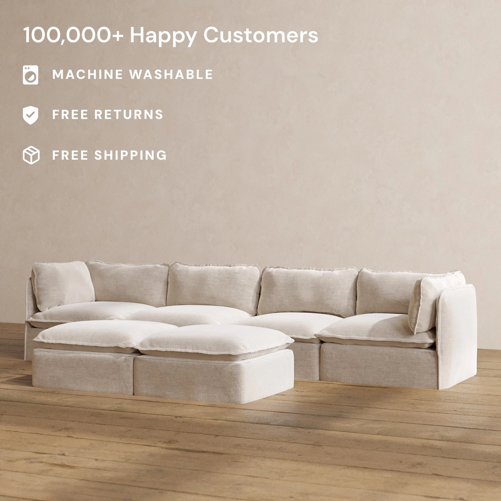 Modular Washable 4-Seater   Bench Ottoman in Mist | Deluxe  Seat | Cloud Pillow