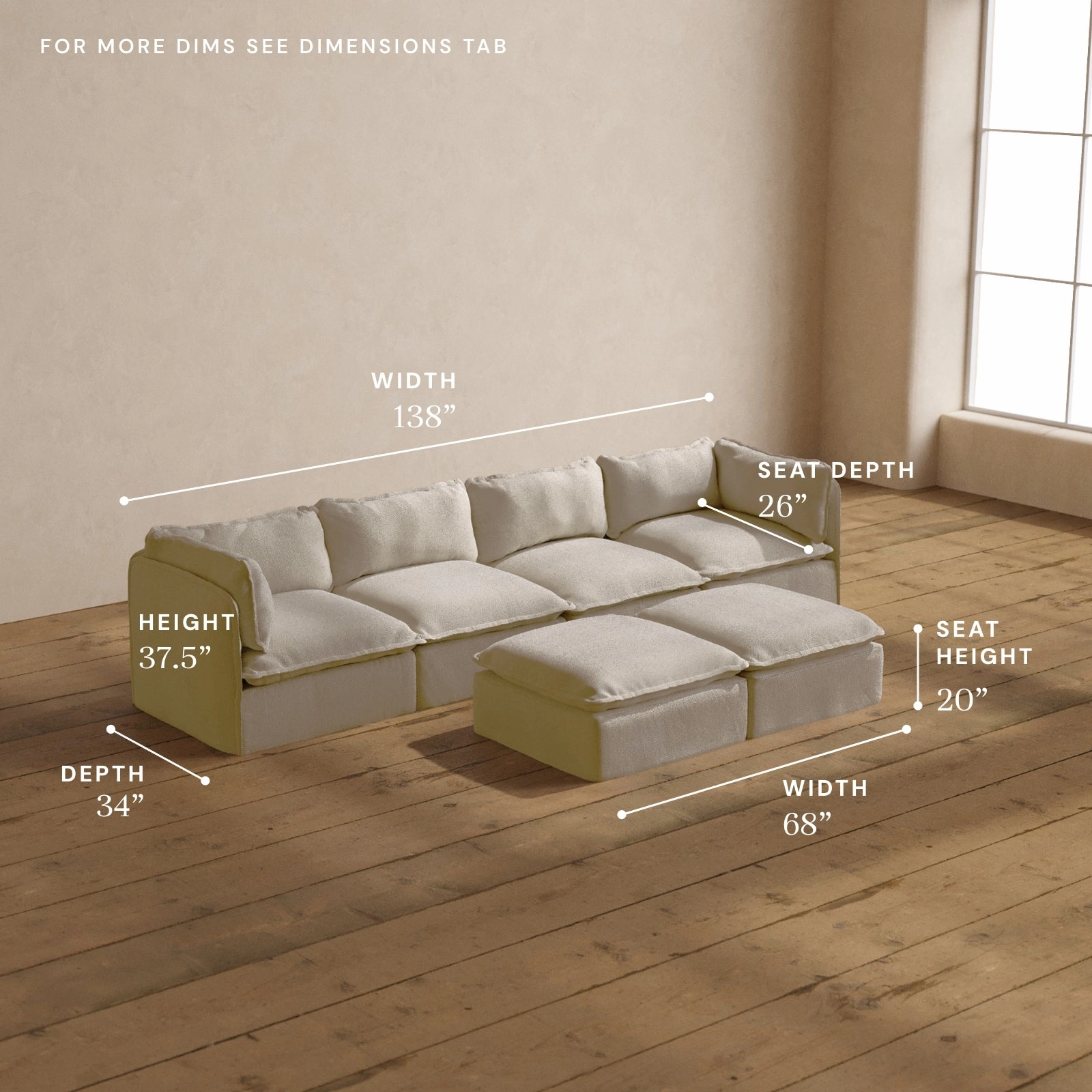 Modular Washable 4-Seater   Bench Ottoman in Powder | Deluxe  Seat | Cloud Pillow