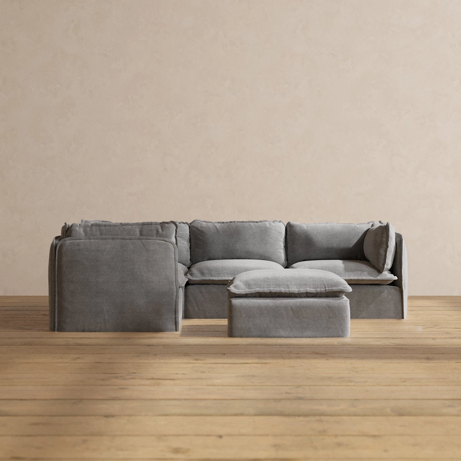 Modular Washable 4-Seater Corner Sectional   Ottoman in Ash | Memorix  Seat | Contour Pillow