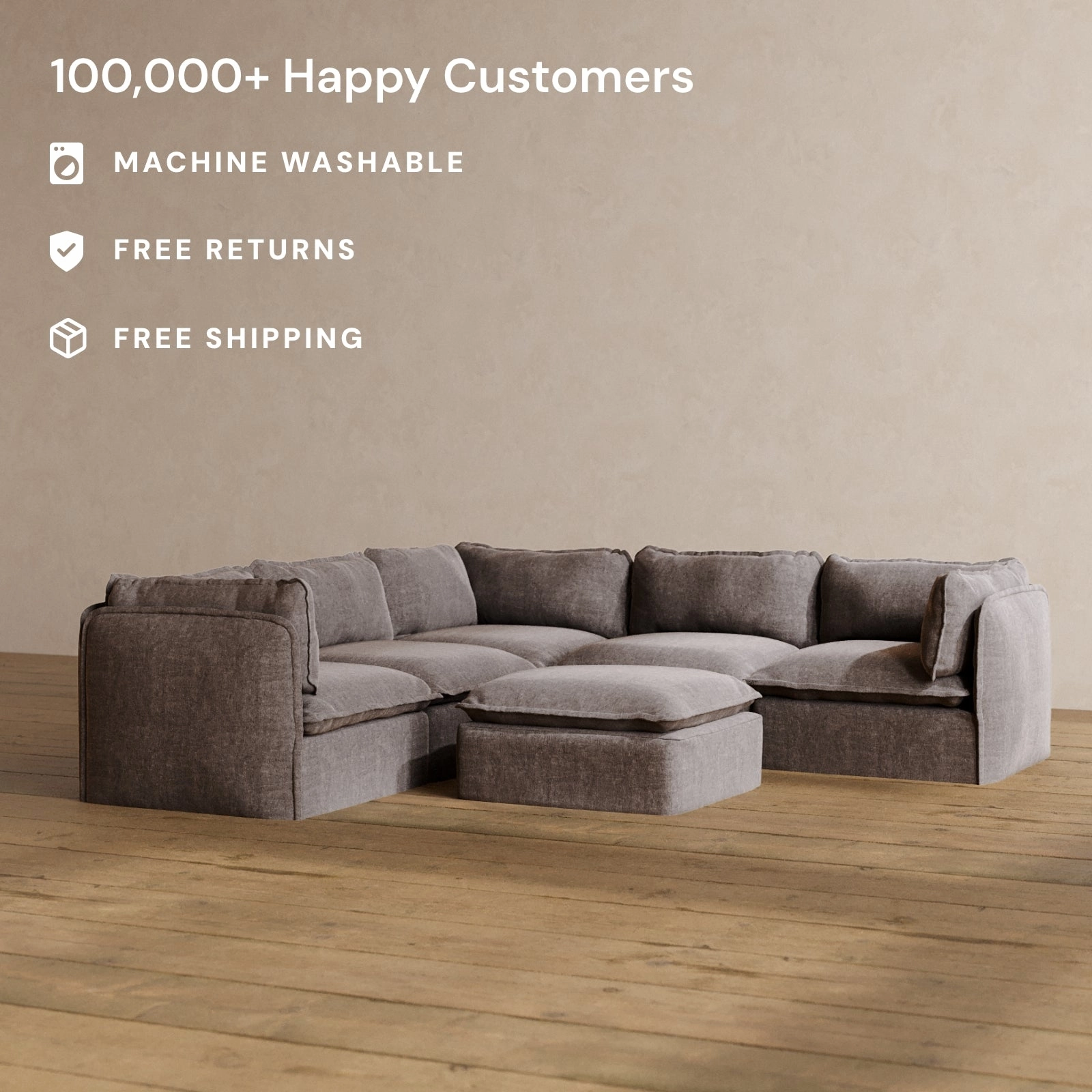 Modular Washable 4-Seater Corner Sectional   Ottoman in Caviar | Memorix  Seat | Contour Pillow
