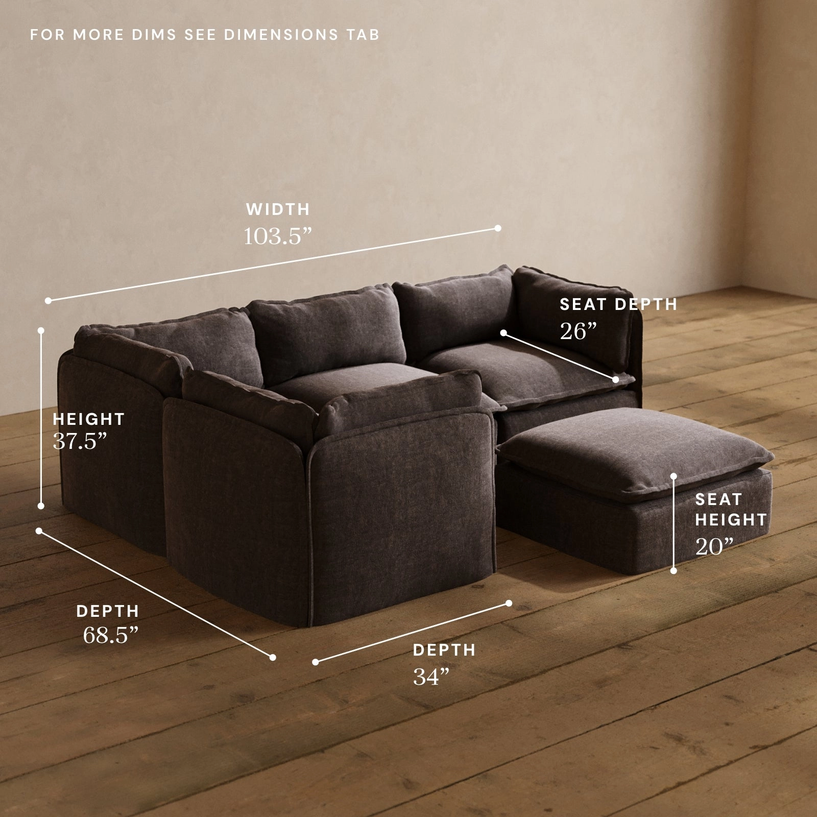 Modular Washable 4-Seater Corner Sectional   Ottoman in Caviar | Memorix  Seat | Contour Pillow