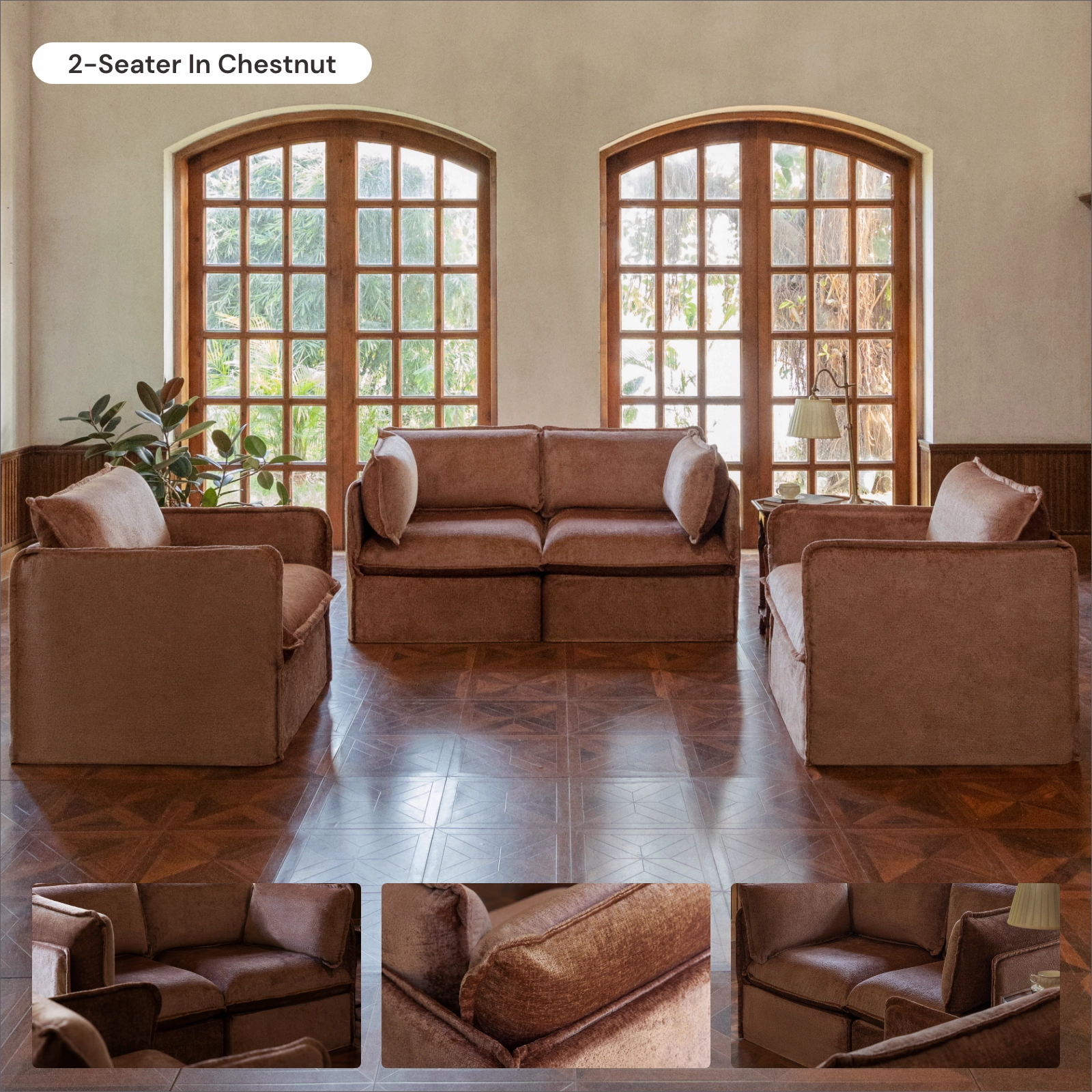 Modular Washable 4-Seater Corner Sectional   Ottoman in Chestnut | Deluxe  Seat | Cloud Pillow