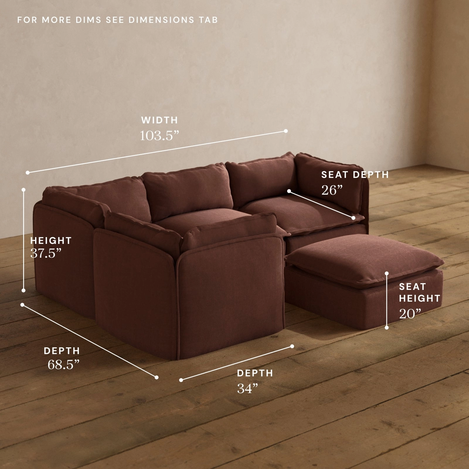 Modular Washable 4-Seater Corner Sectional   Ottoman in Chestnut | Deluxe  Seat | Cloud Pillow