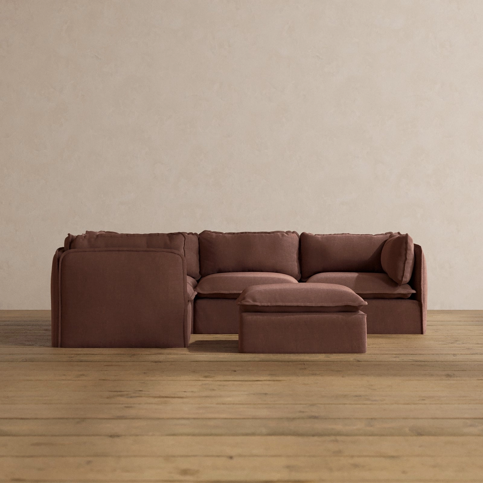 Modular Washable 4-Seater Corner Sectional   Ottoman in Chestnut | Deluxe  Seat | Cloud Pillow