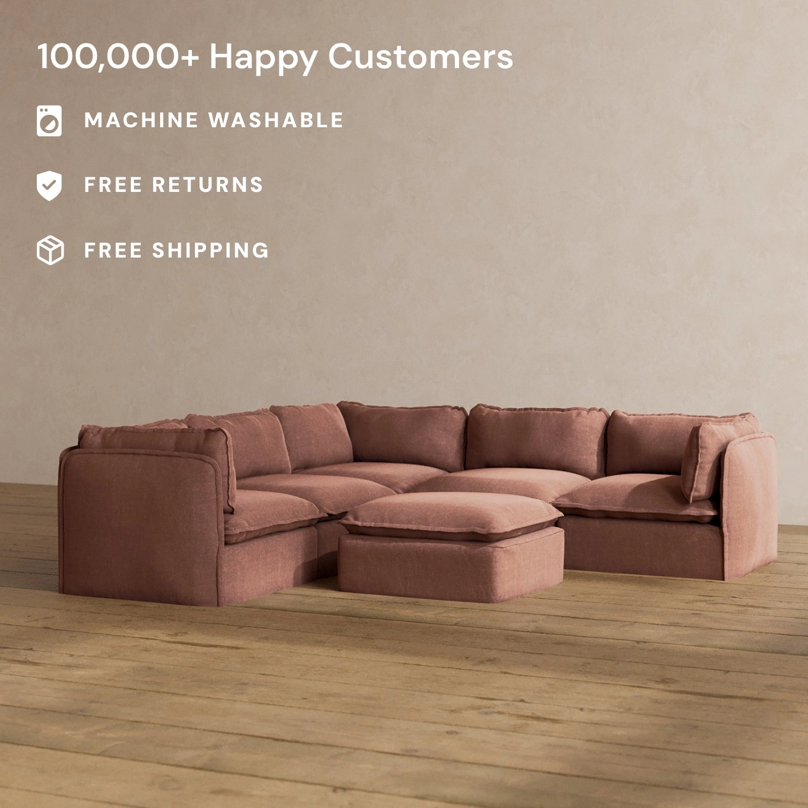 Modular Washable 4-Seater Corner Sectional   Ottoman in Chestnut | Deluxe  Seat | Cloud Pillow