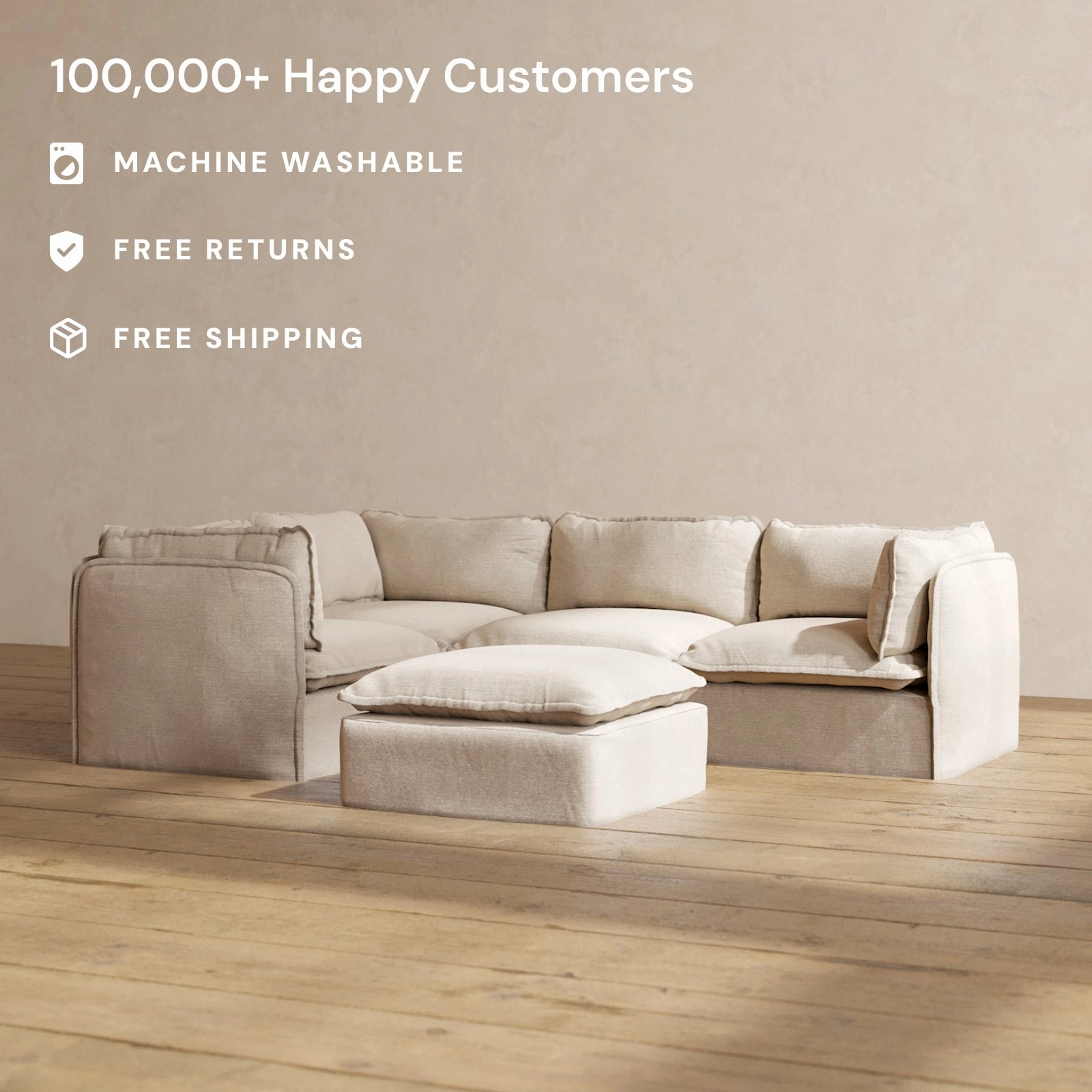 Modular Washable 4-Seater Corner Sectional   Ottoman in Oat | Memorix  Seat | Contour Pillow