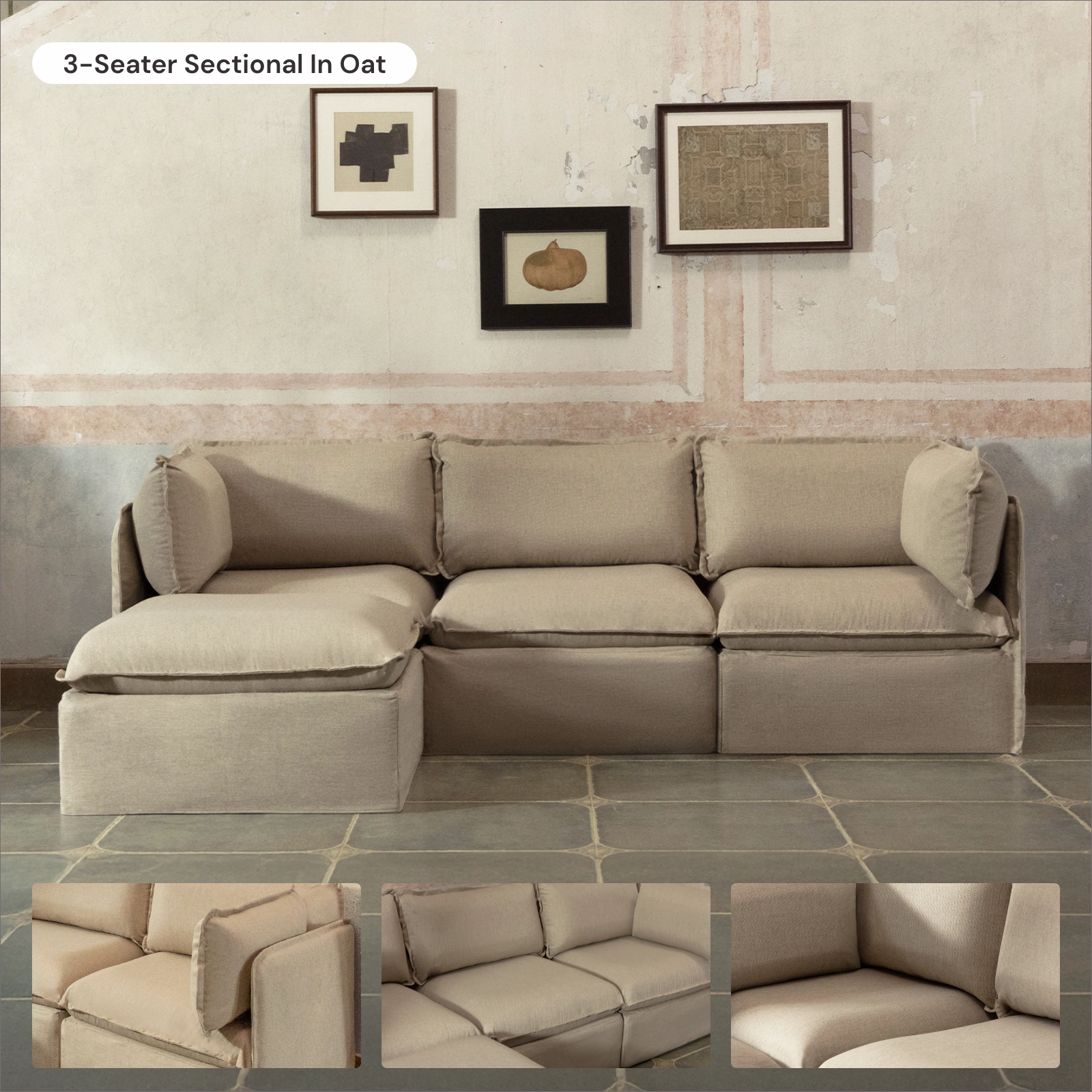 Modular Washable 4-Seater Corner Sectional   Ottoman in Oat | Memorix  Seat | Contour Pillow