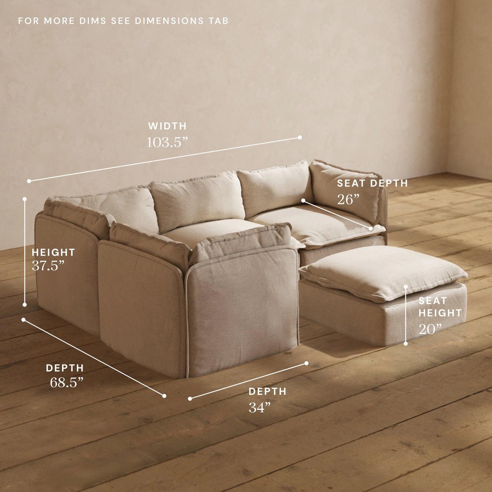 Modular Washable 4-Seater Corner Sectional   Ottoman in Oat | Memorix  Seat | Contour Pillow