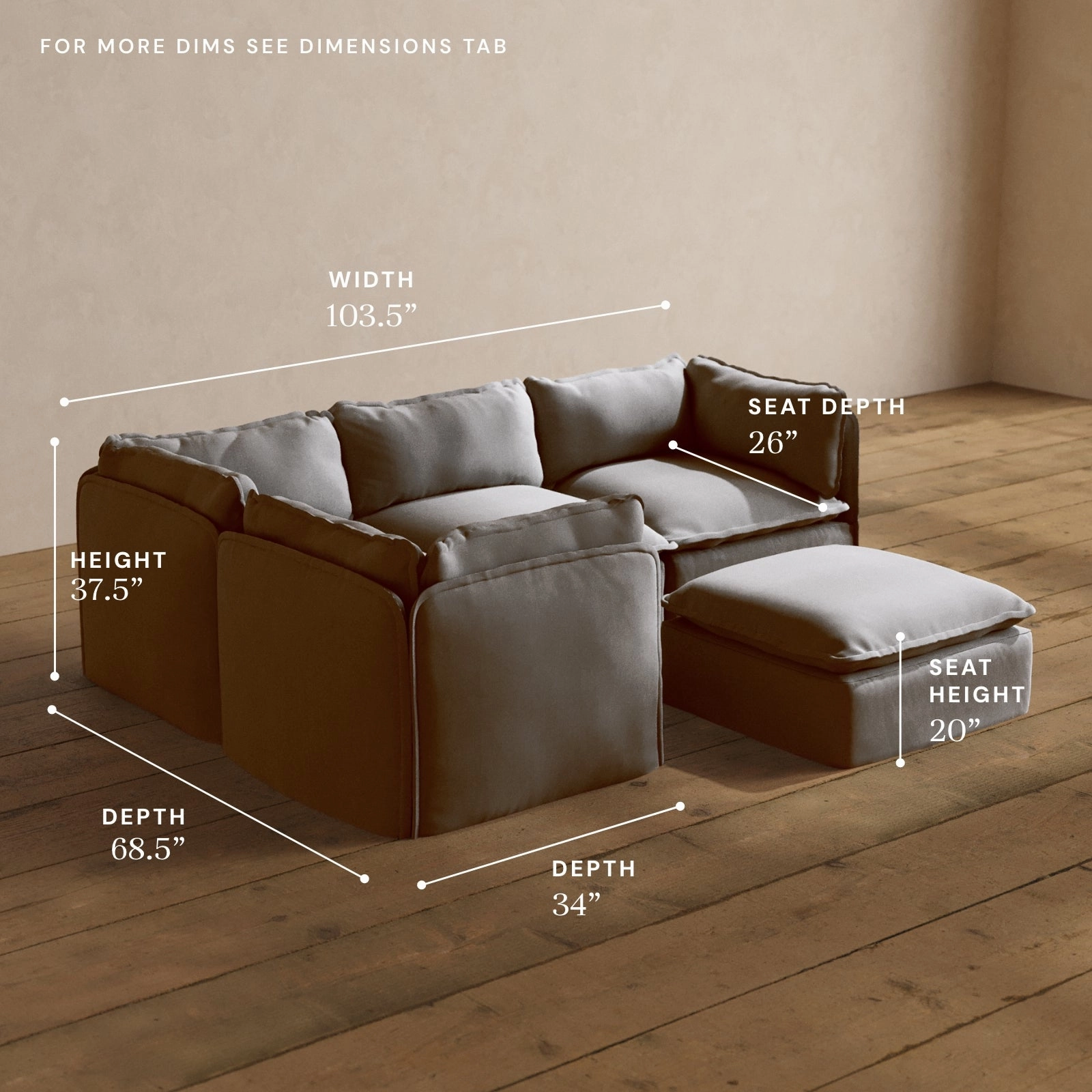 Modular Washable 4-Seater Corner Sectional   Ottoman in Pumice | Deluxe  Seat | Cloud Pillow