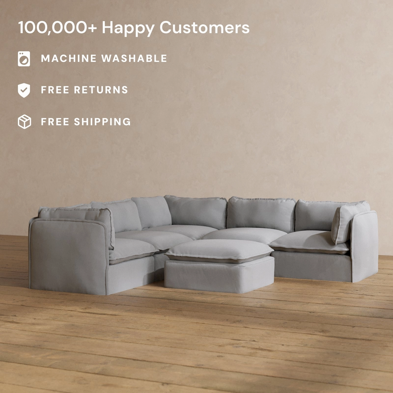Modular Washable 4-Seater Corner Sectional   Ottoman in Pumice | Deluxe  Seat | Cloud Pillow