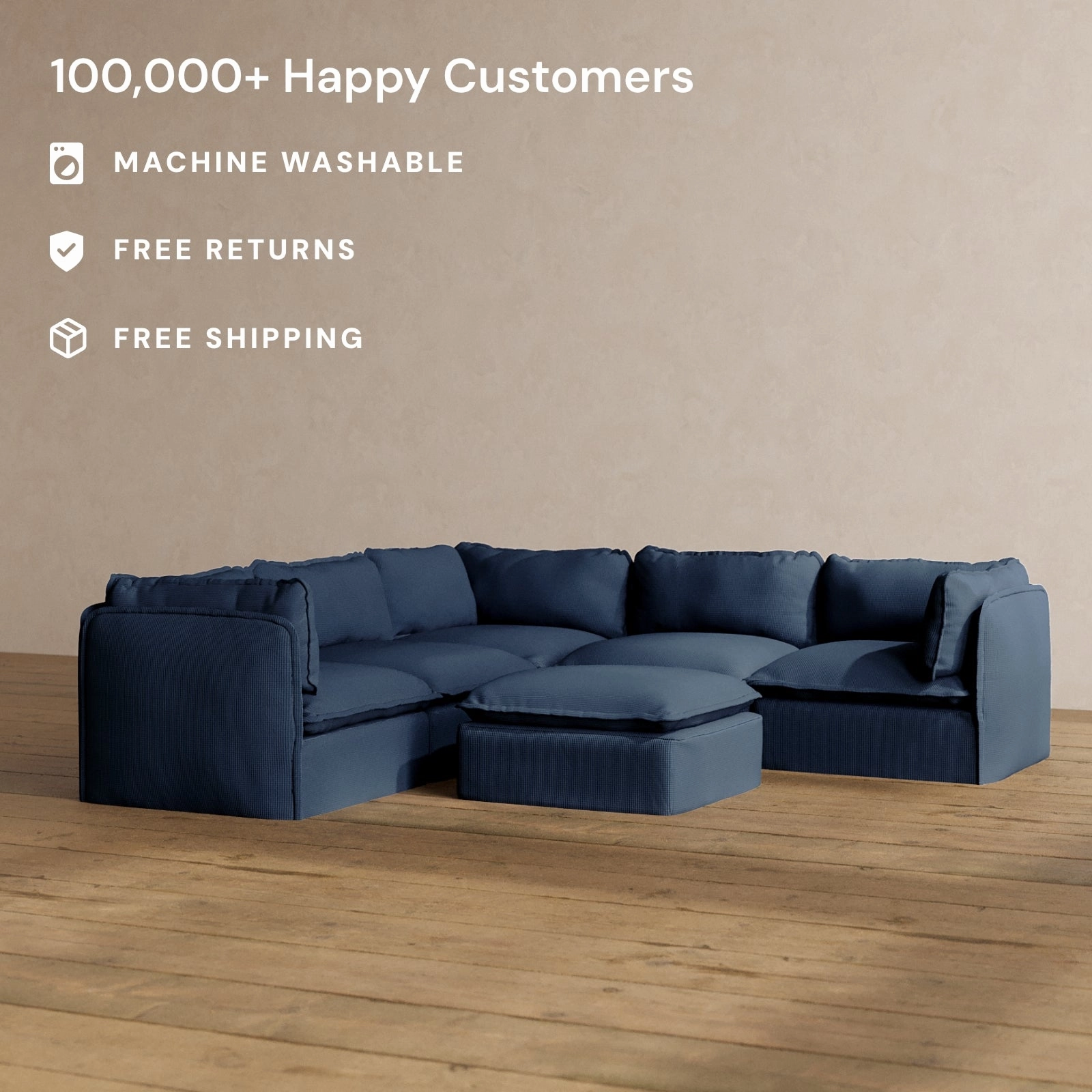 Modular Washable 4-Seater Corner Sectional   Ottoman in Sumi | Deluxe  Seat | Cloud Pillow