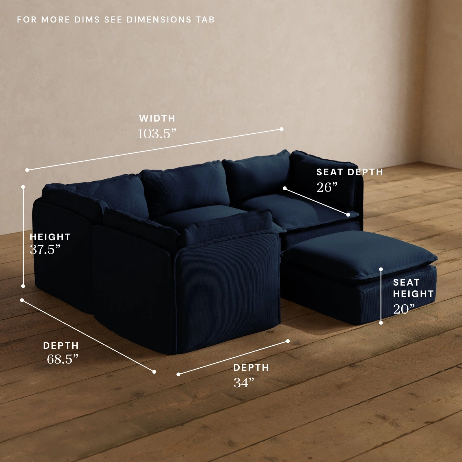 Modular Washable 4-Seater Corner Sectional   Ottoman in Sumi | Deluxe  Seat | Cloud Pillow