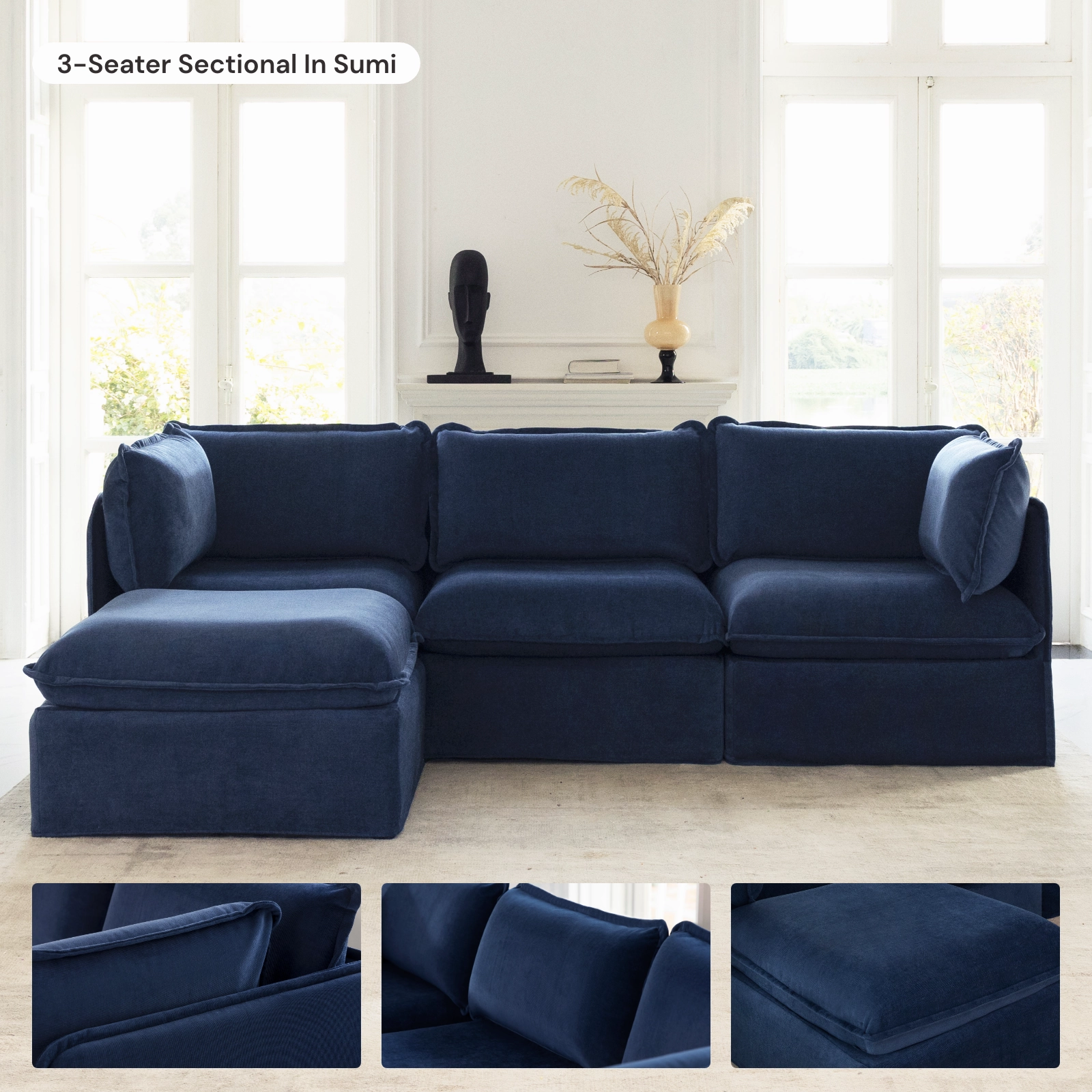 Modular Washable 4-Seater Corner Sectional   Ottoman in Sumi | Deluxe  Seat | Cloud Pillow