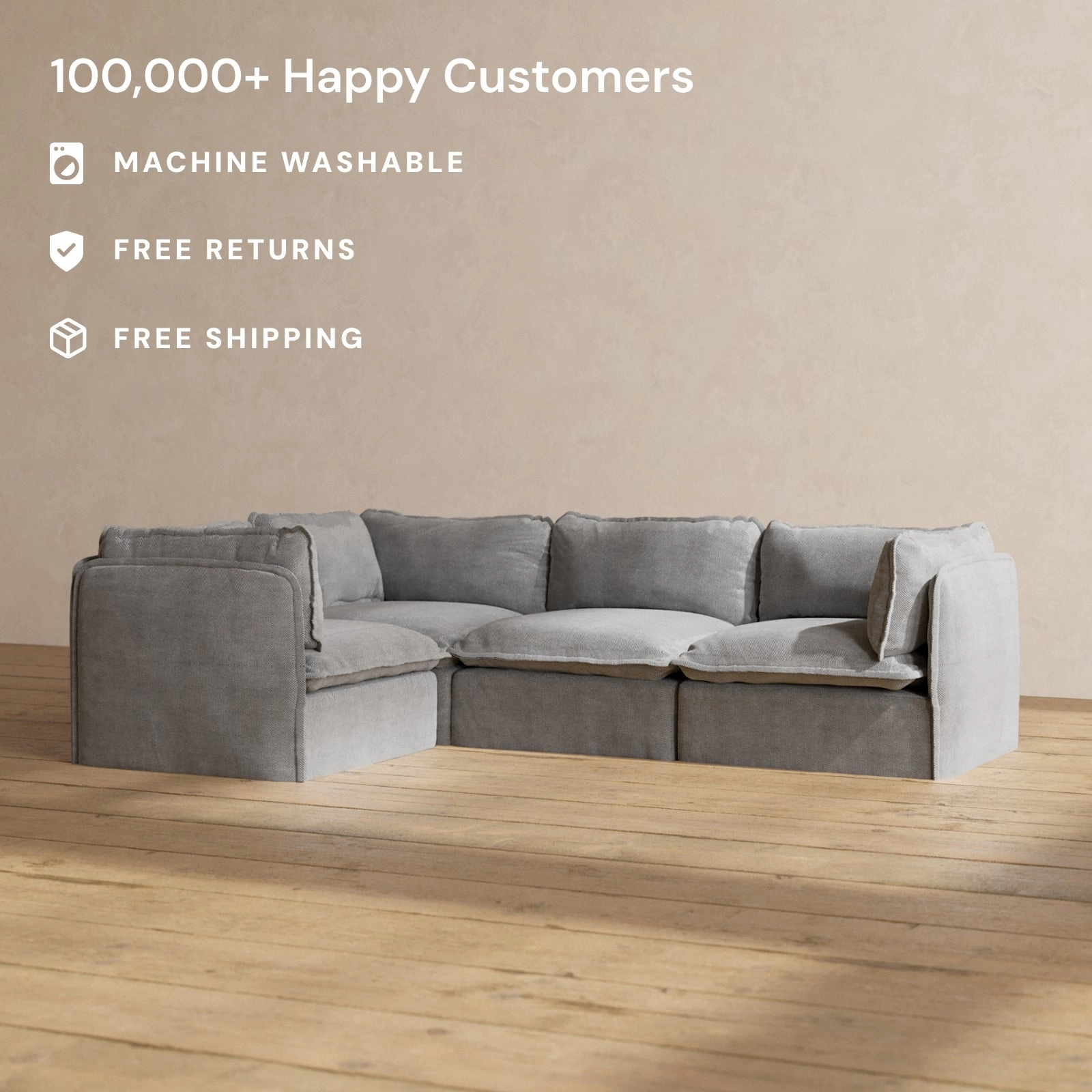Modular Washable 4-Seater Corner Sectional in Ash | Deluxe  Seat | Cloud Pillow