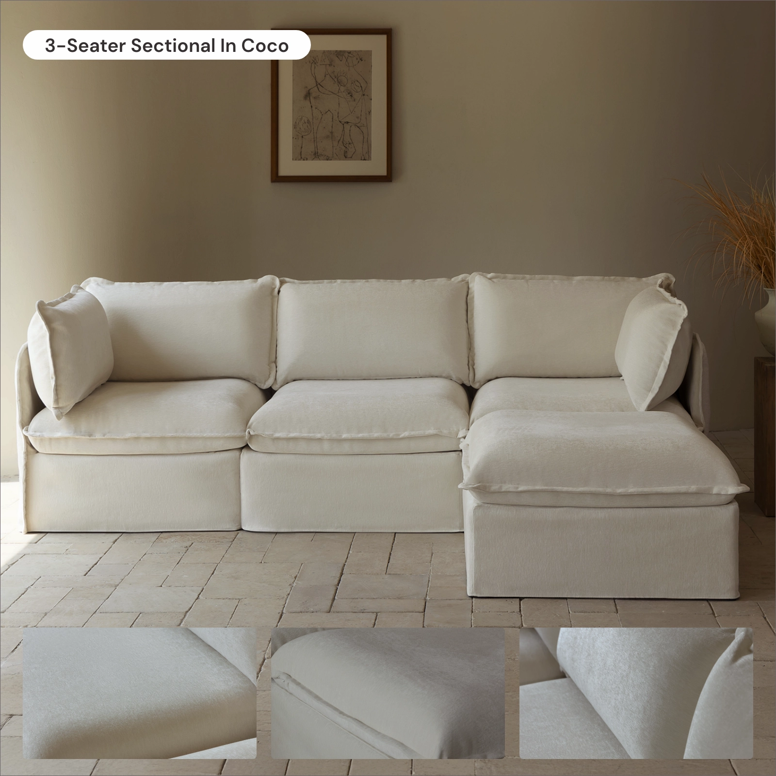 Modular Washable 4-Seater Corner Sectional in Coco | Deluxe  Seat | Cloud Pillow